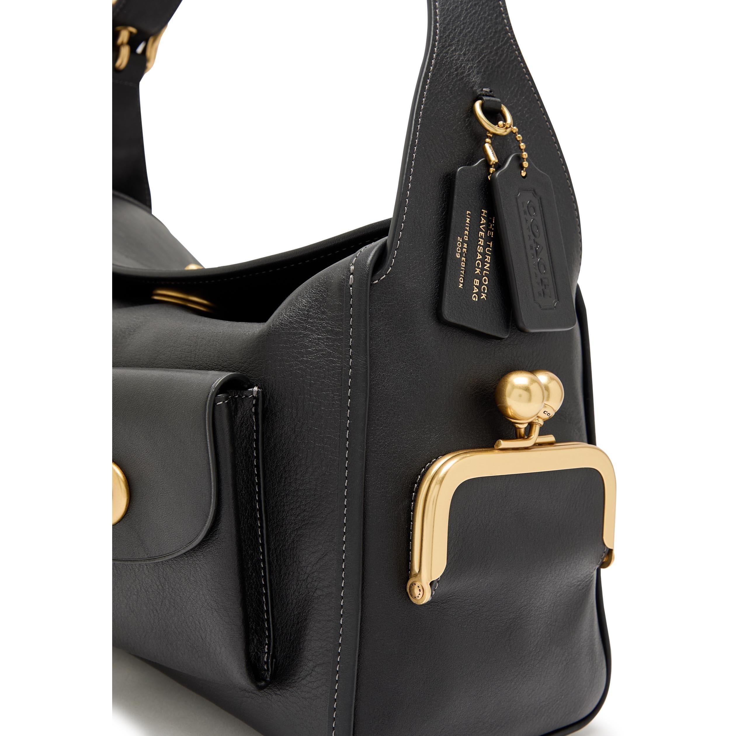 BLACK - Coach - Women's Turnlock Haversack Leather Shoulder Bag - 4