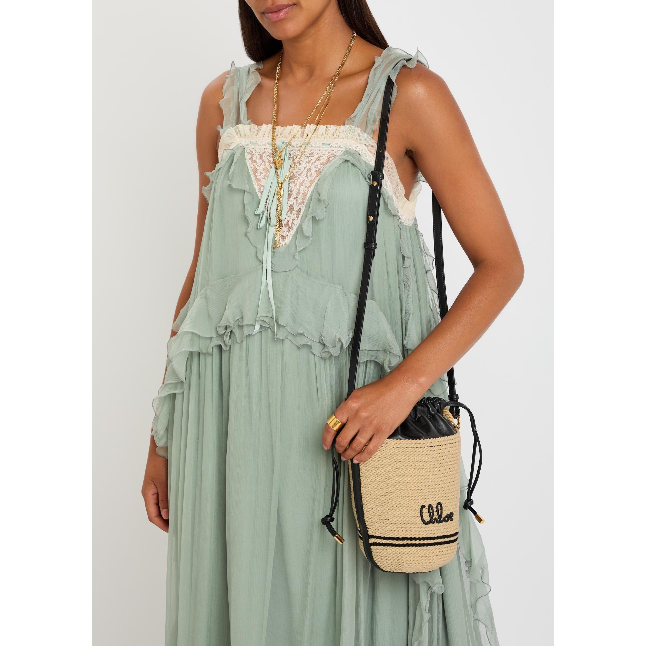 BLACK AND WHITE - Chloe - Women's Straw Logo Bucket Bag - 6