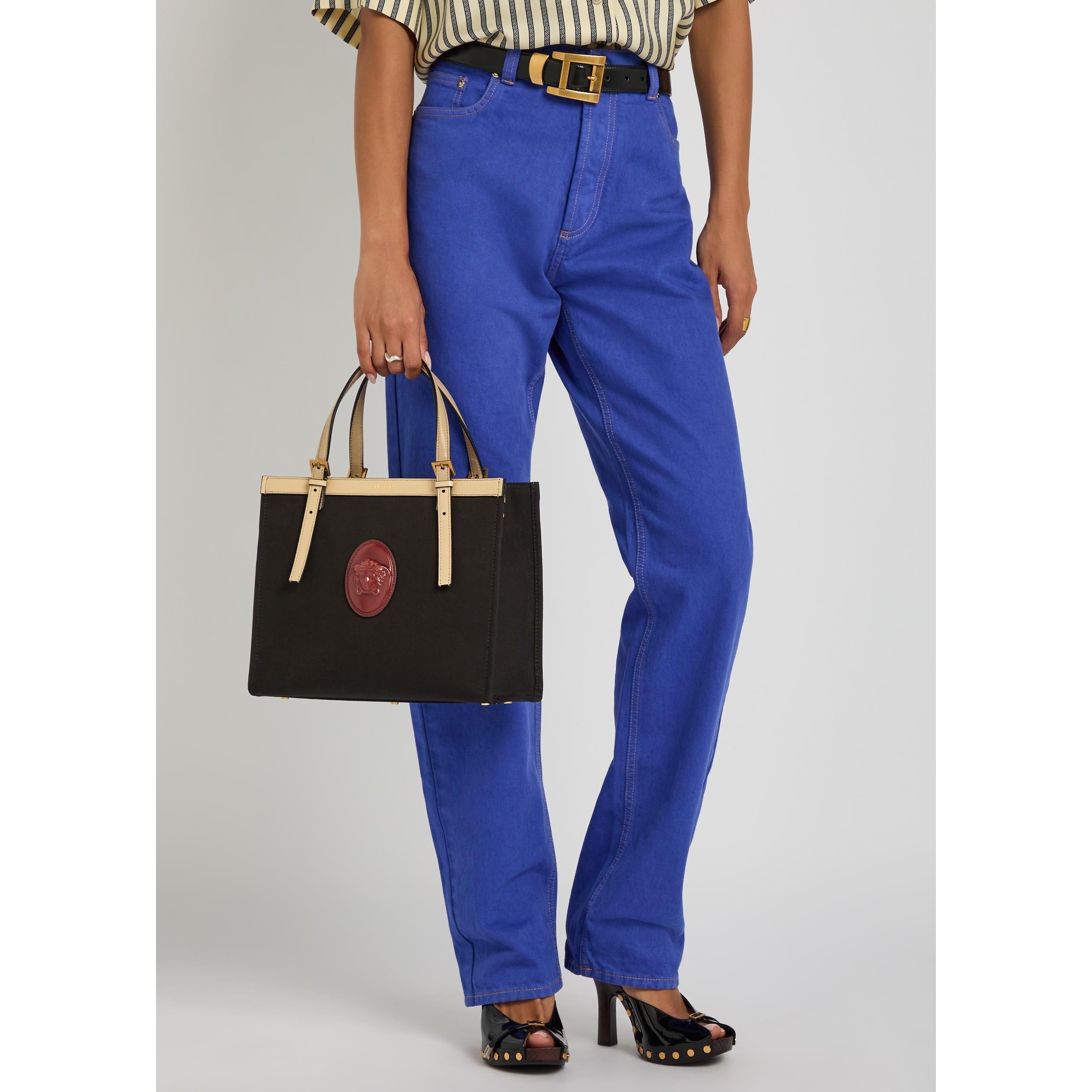 BLACK - Versace - CANVAS LEATHER MEDIUM TOTE - 6