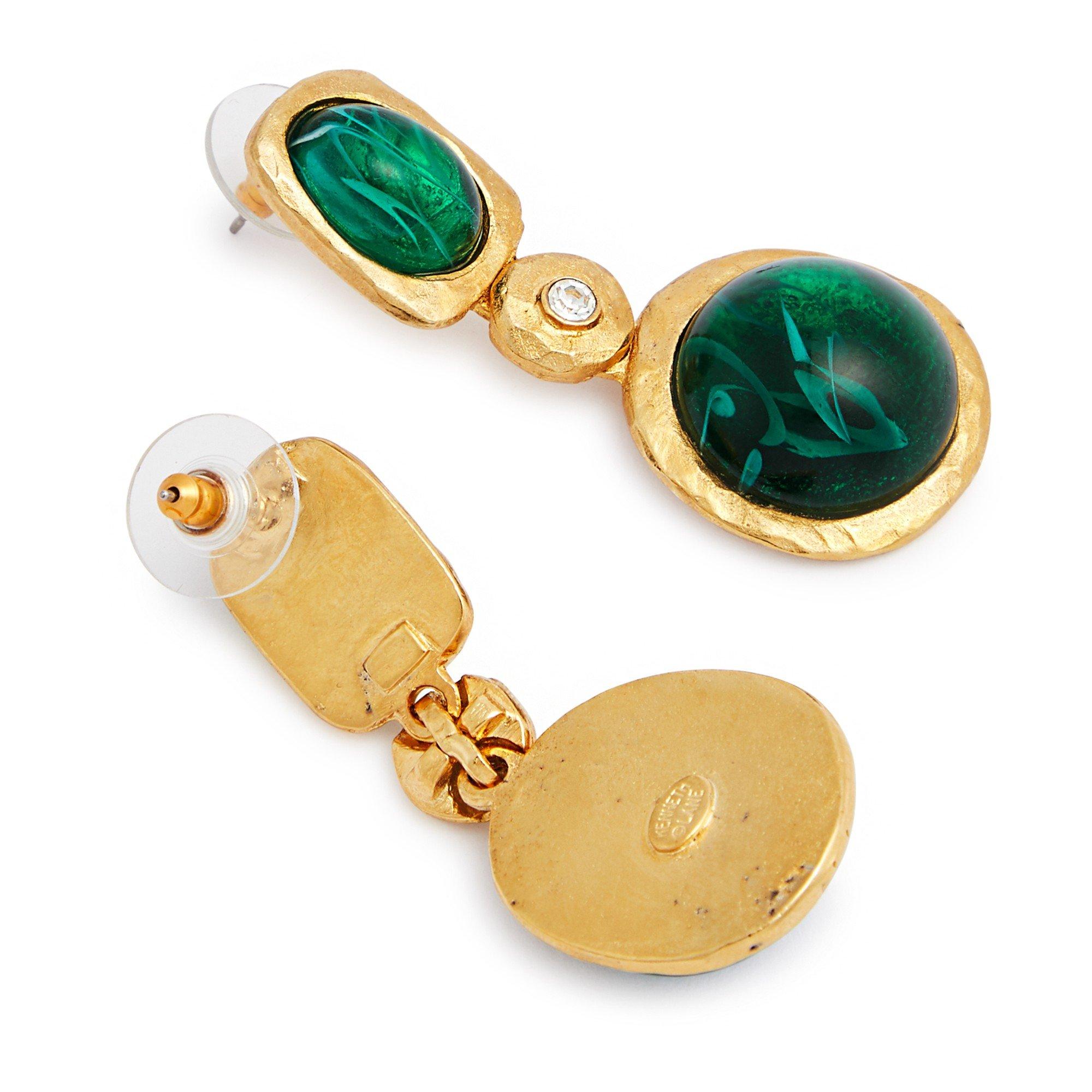 GREEN - Kenneth Jay Lane - EMERALD CABOCHON EARRINGS - 2