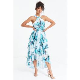 Quiz Floral Tiered Halterneck Dip Hem Dress