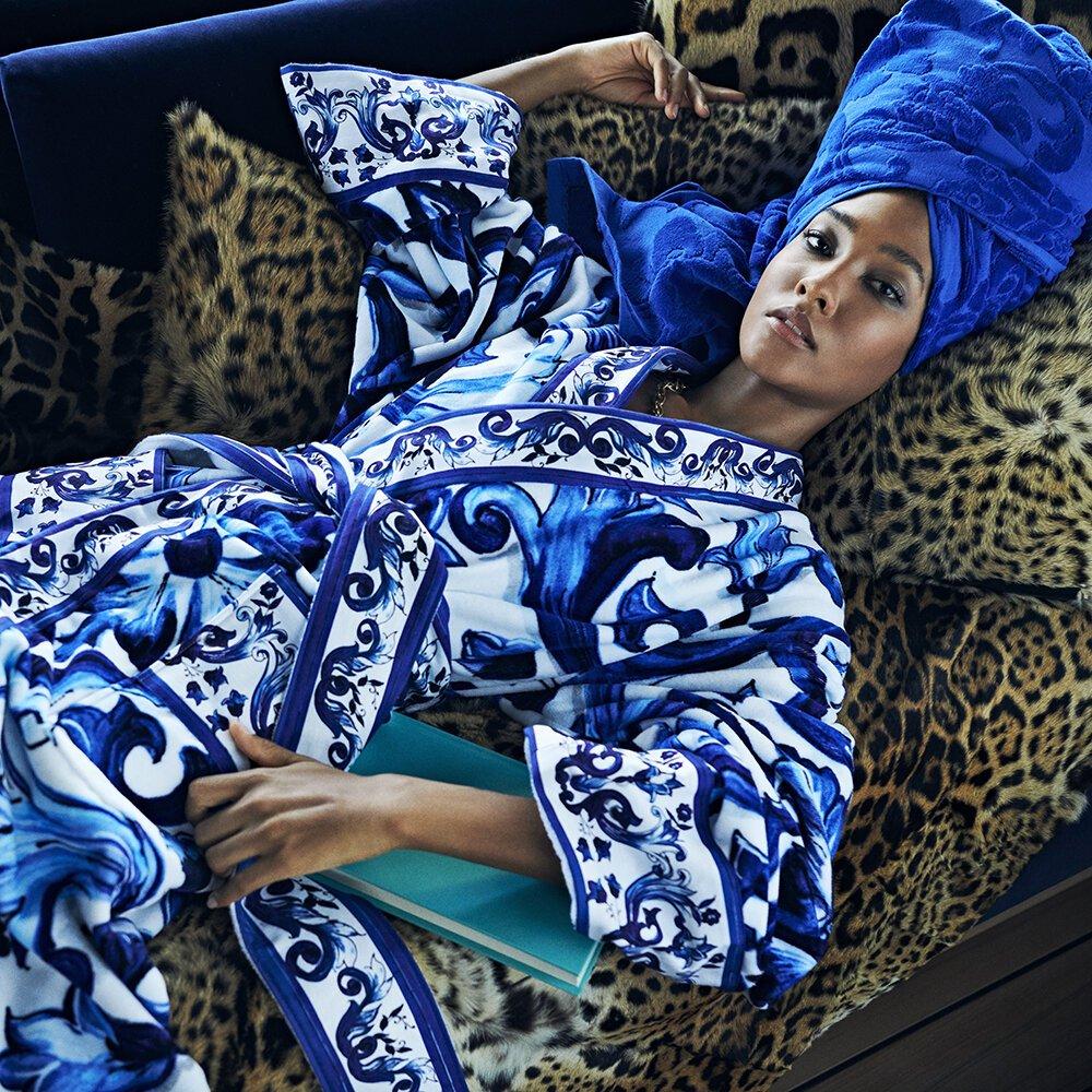 Blue - Dolce and Gabbana Casa - DolceandGabbanaCasa Blu Mediterraneo Bathrobe - All Over Print - 2