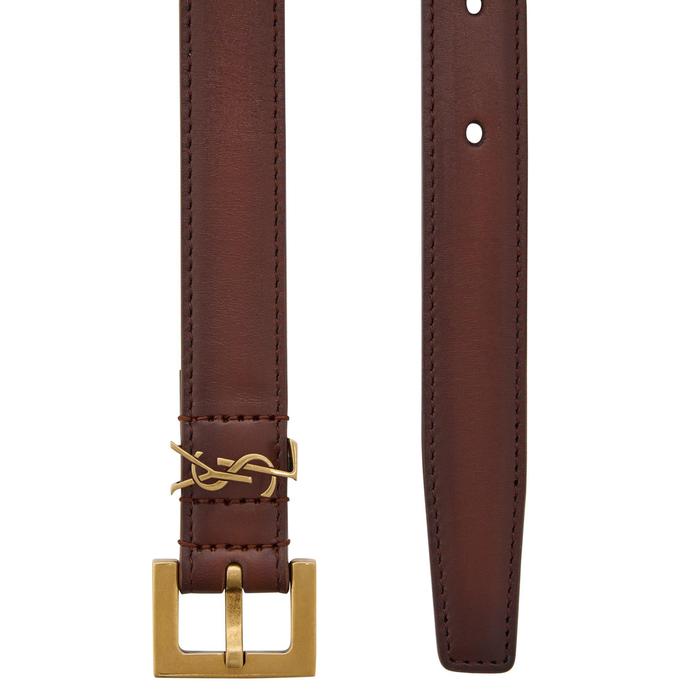 DARK BROWN - Saint Laurent - Women's Logo Leather 2 cm Belt - 2