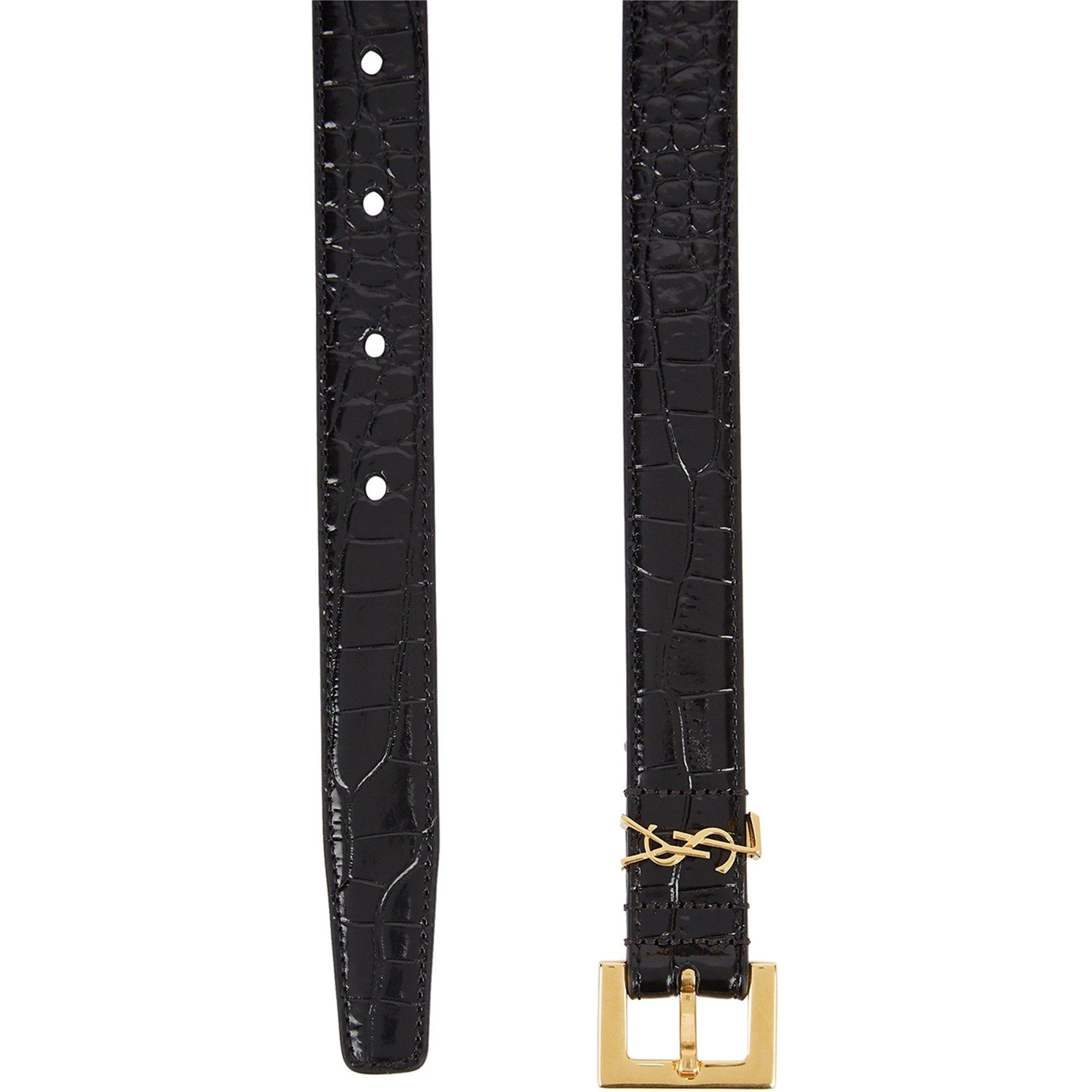 BLACK - Saint Laurent - Women's Logo Croc Effect Leather Belt - 2