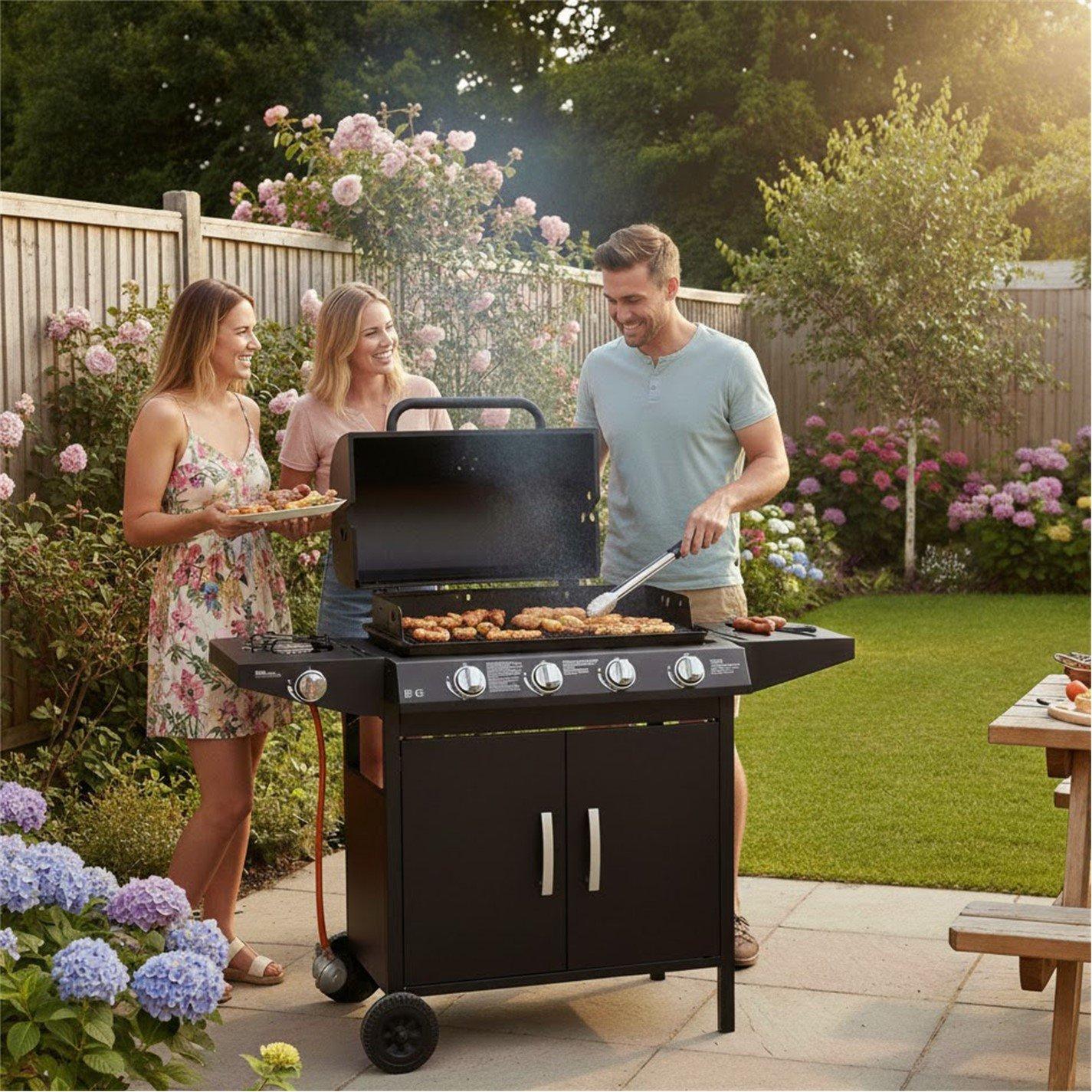 Black - George Foreman - George Foreman 4 Burner BBQ with sideplate - 1