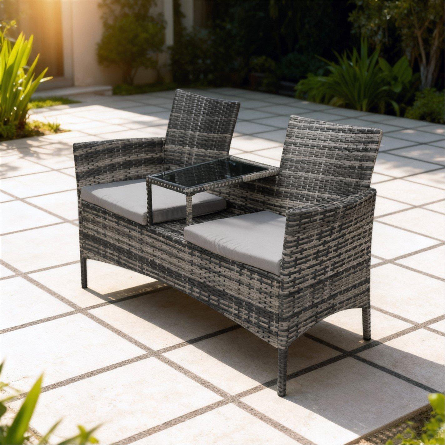 Grey/Black - Linea - Rattan Double Seat Weather Resistant Garden Bench - 1