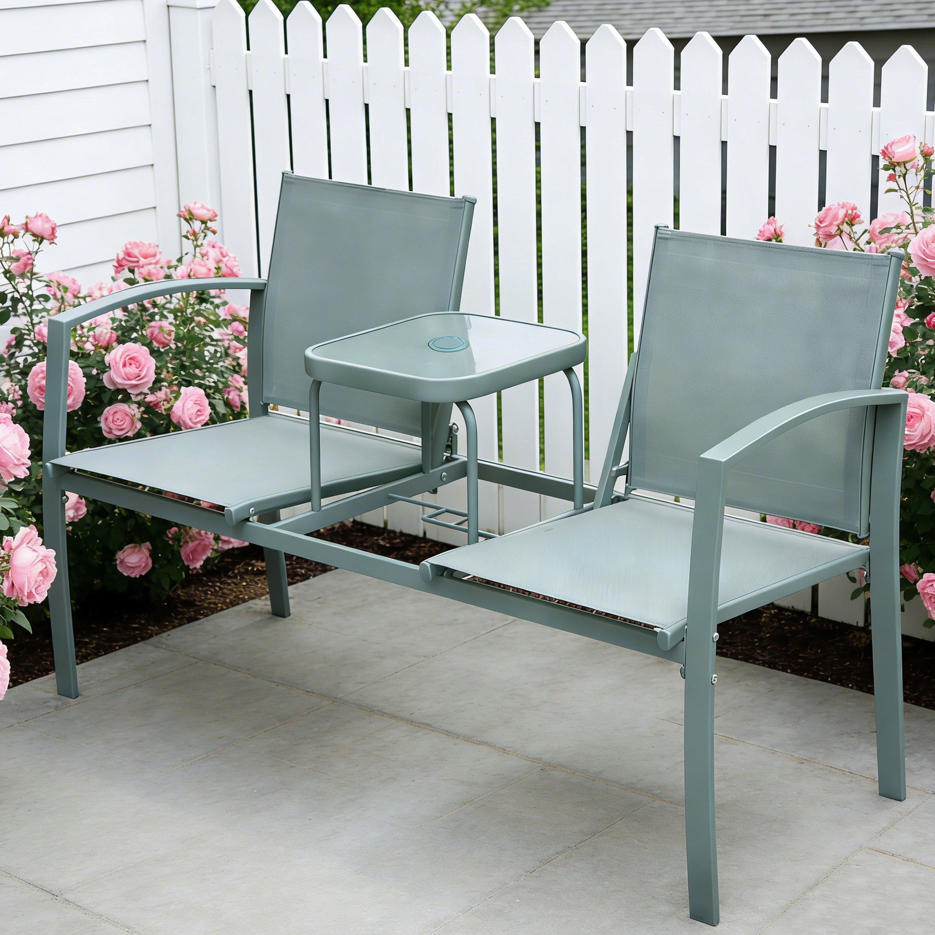 Sage Green - Linea - Double Seat Glass Top Table Metal Frame Garden Bench - 1