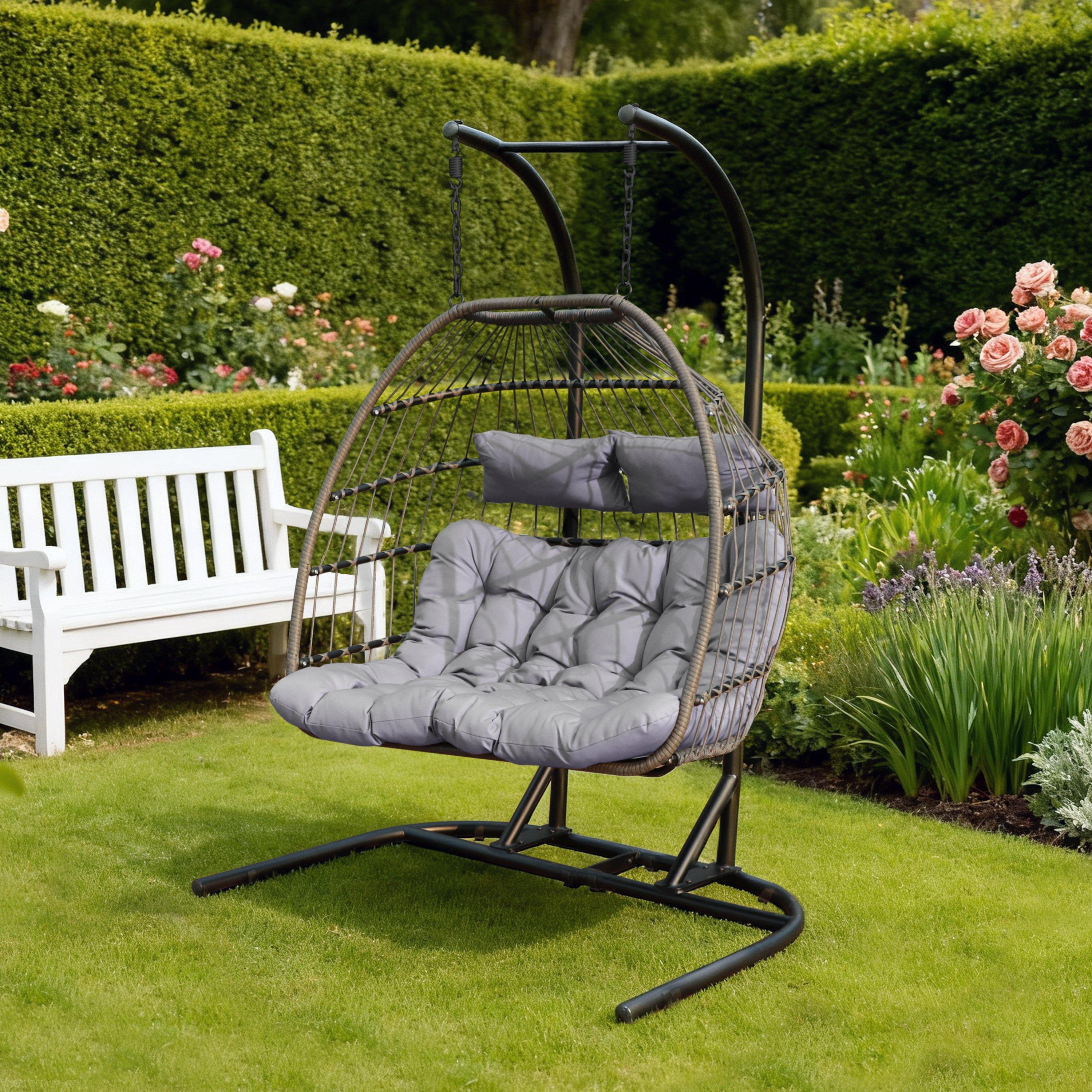 Linea  Metal Frame Woven Rattan Hanging Egg Chair - Grey/Black
