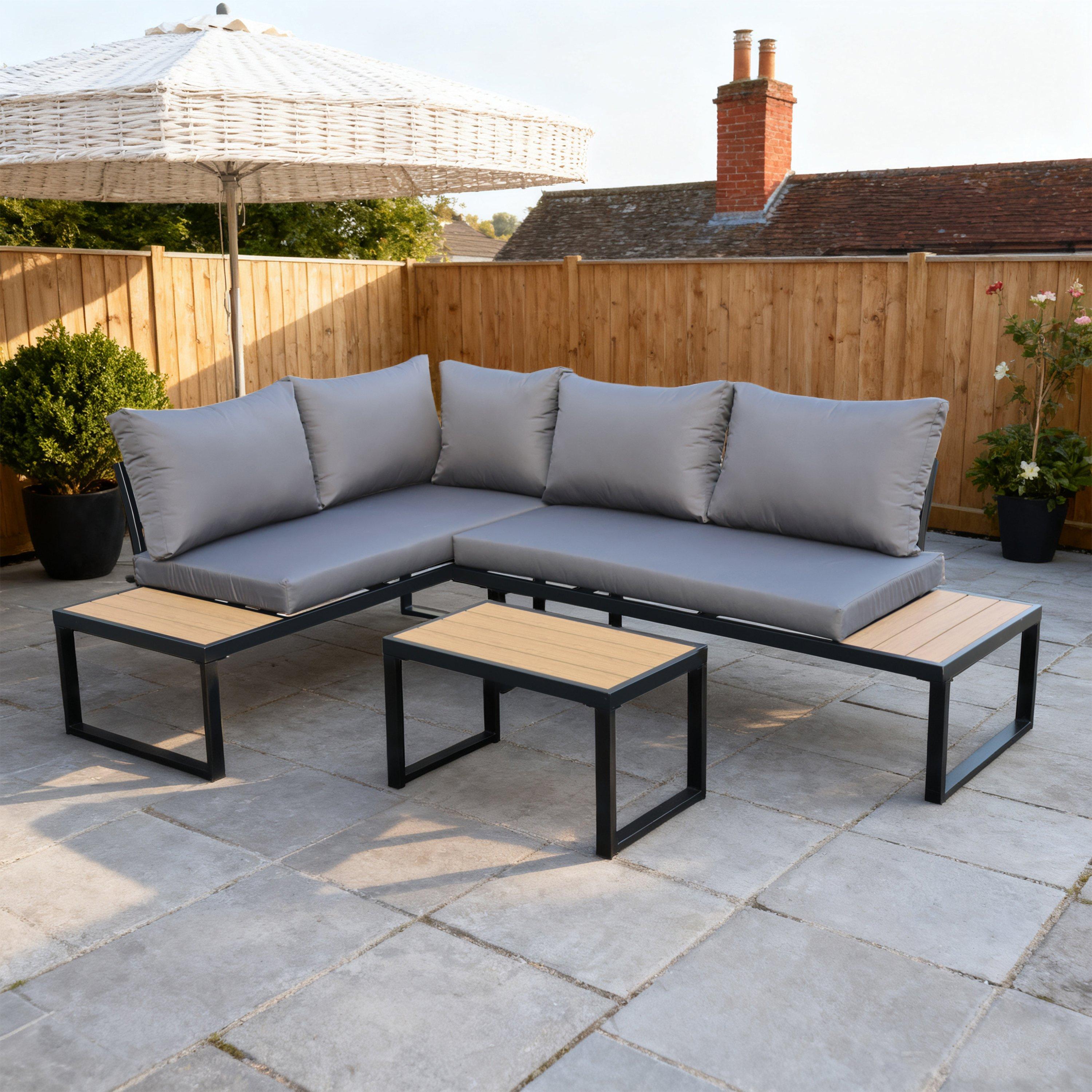 Grey/Oak - Linea - 4-Piece L-Shaped Weather Resistant Garden Furniture Set - 1