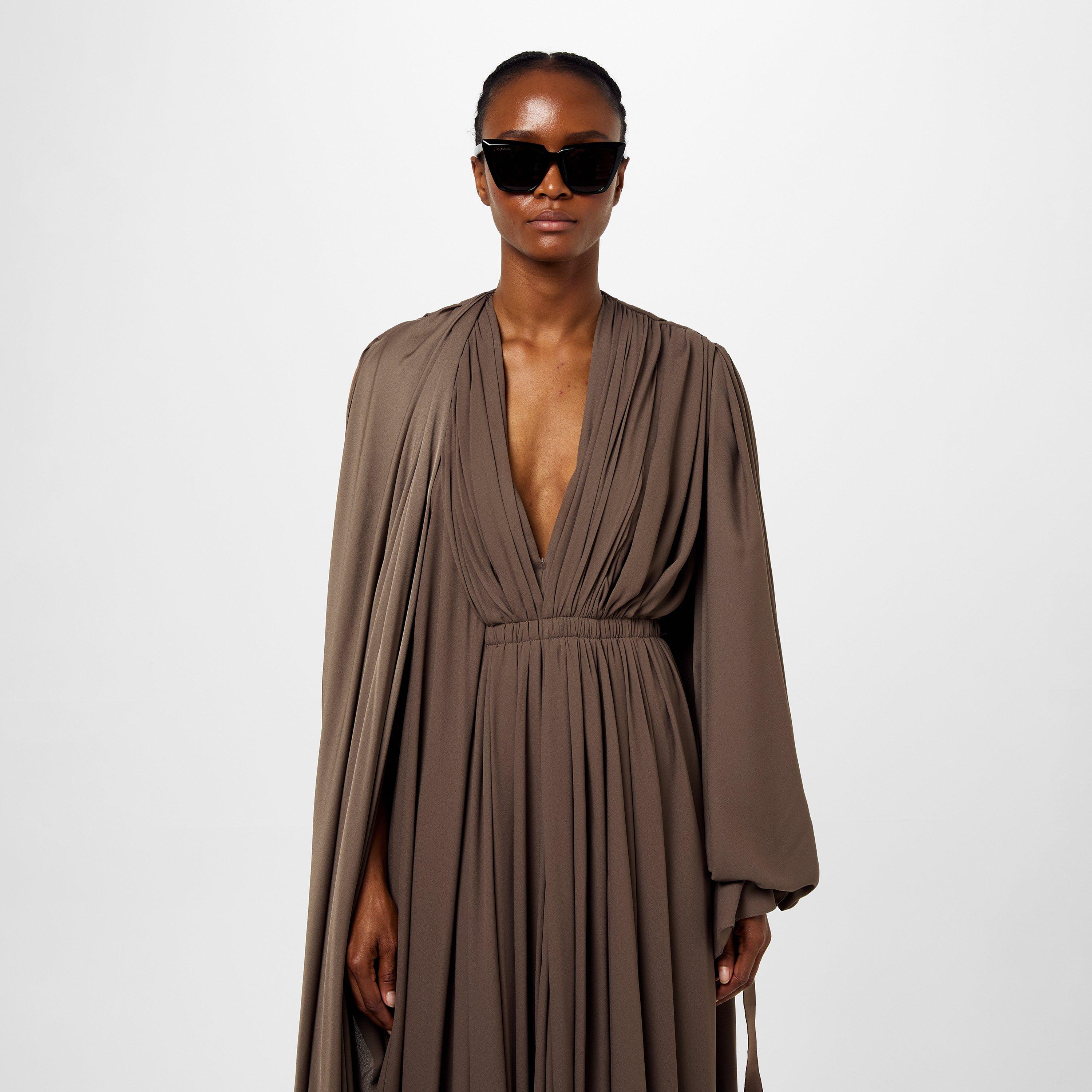 Taupe - Balenciaga - V Neck Draped Maxi Dress - 4