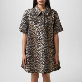 Ganni Leopard Printed Denim Dress