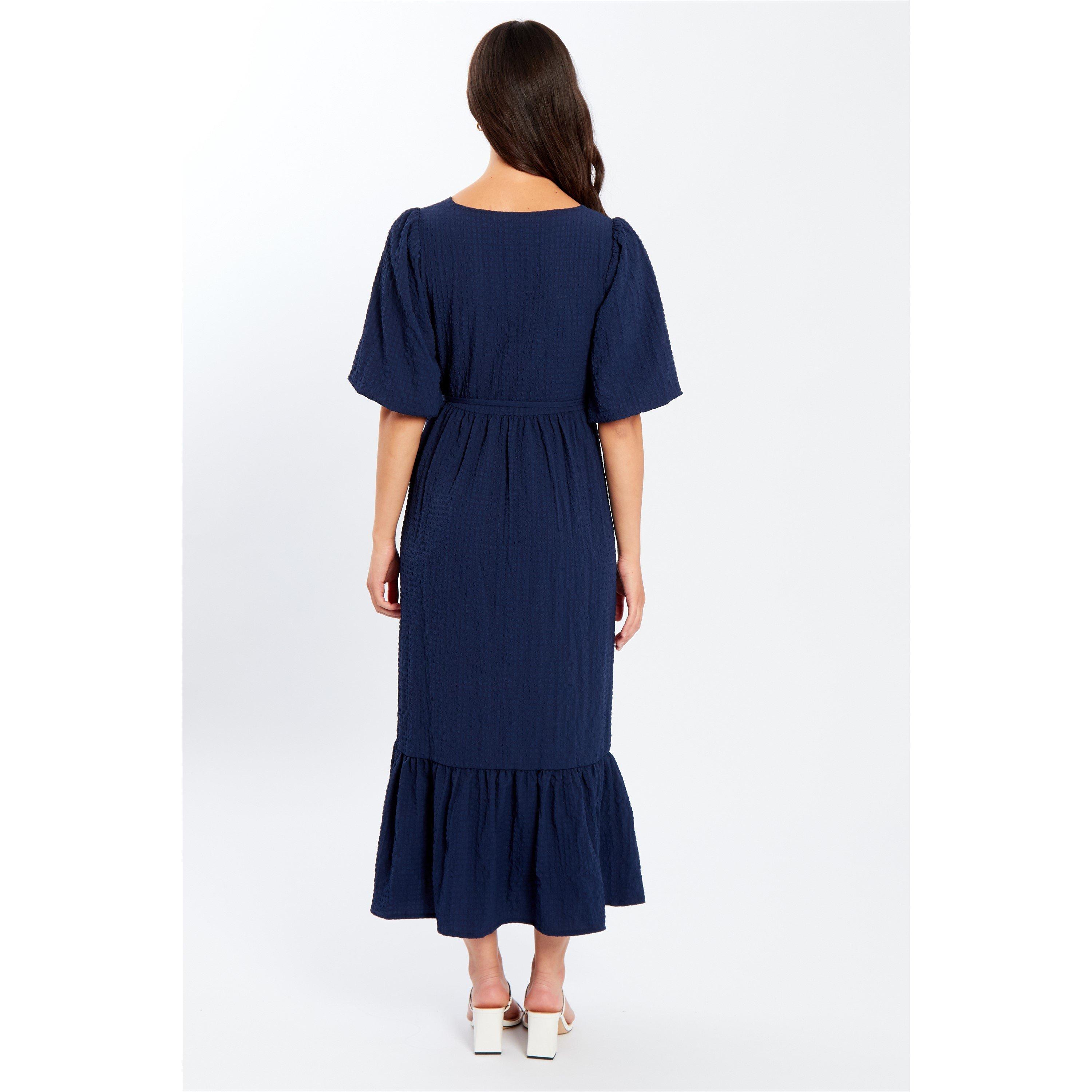 Navy - Be You - V-Neck Short Sleeve Tie Maxi Dress - 2