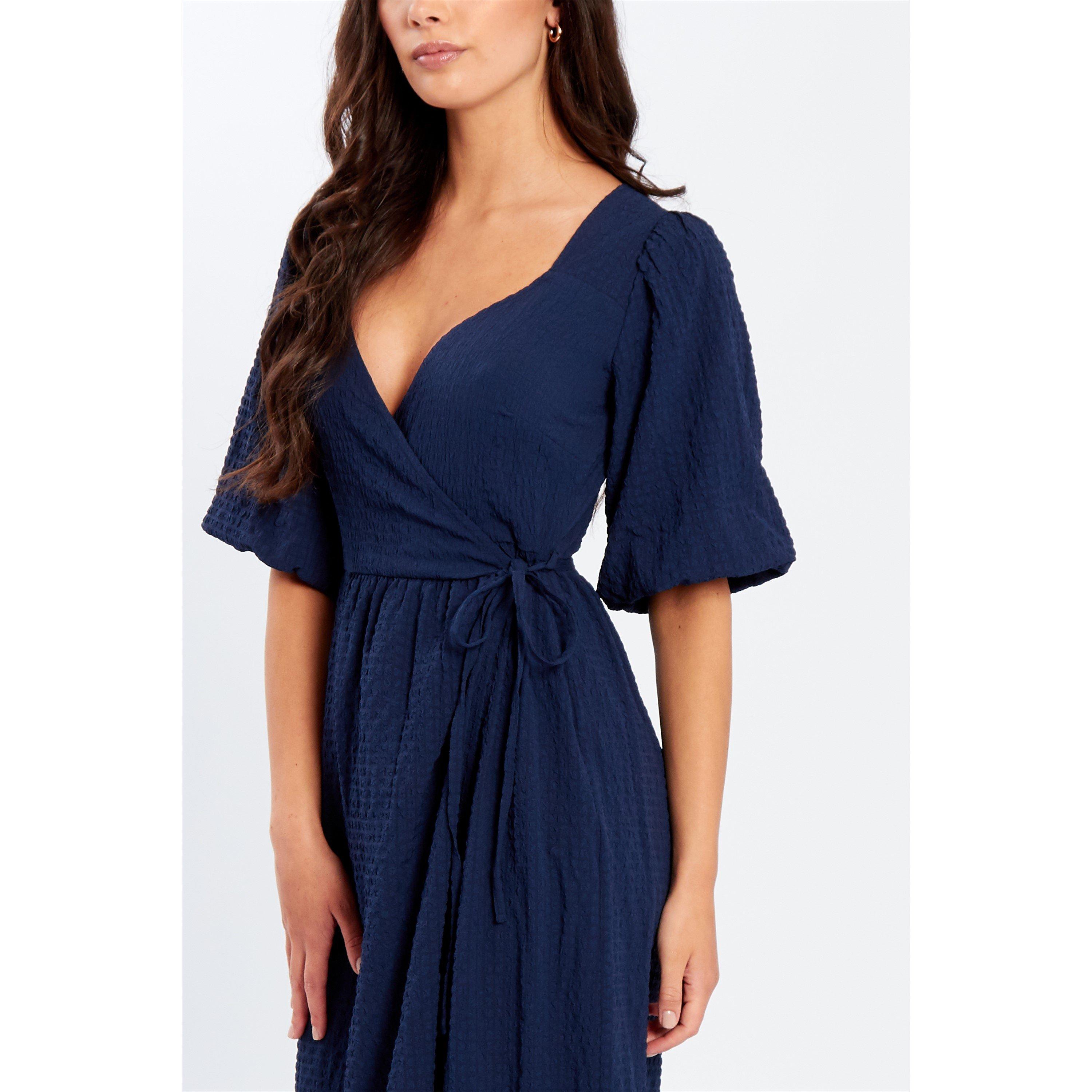 Navy - Be You - V-Neck Short Sleeve Tie Maxi Dress - 4