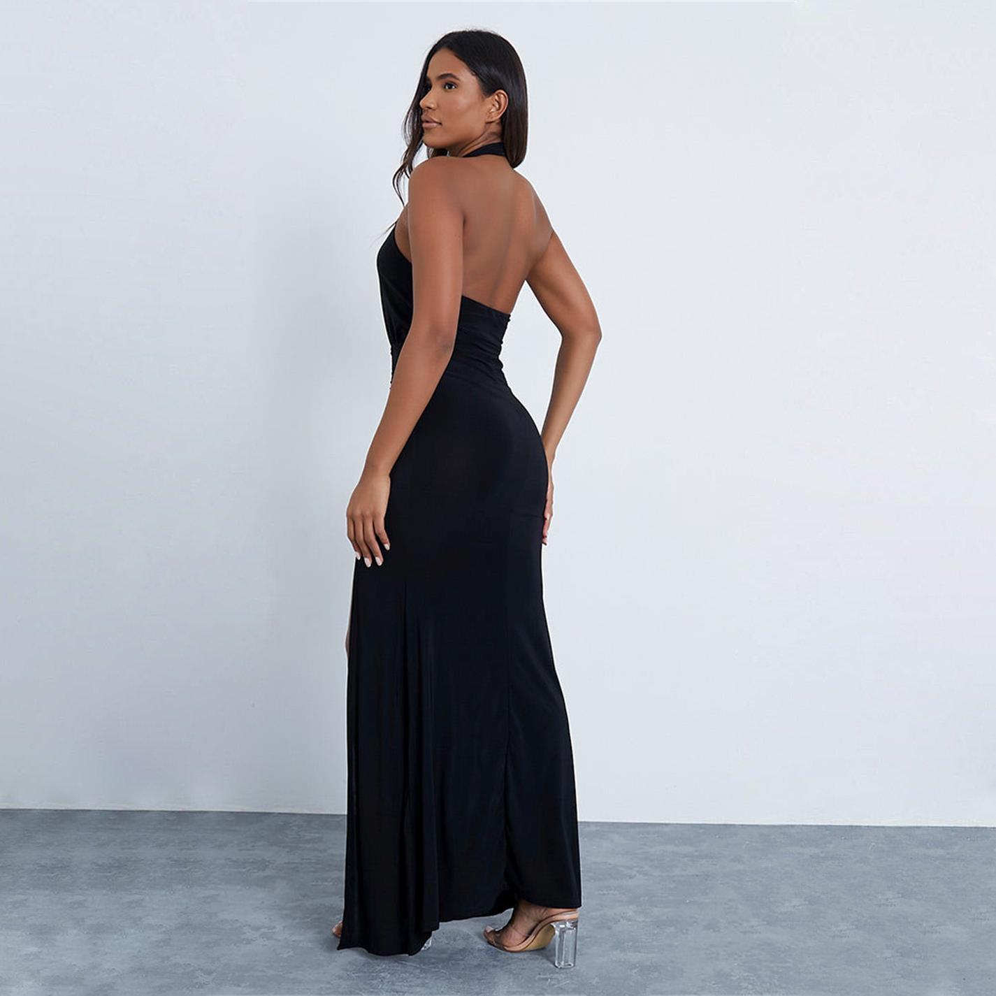 Nero - I Saw It First - ISAWITFIRST Slinky Halterneck Ruched Side Split Maxi Dress - 3