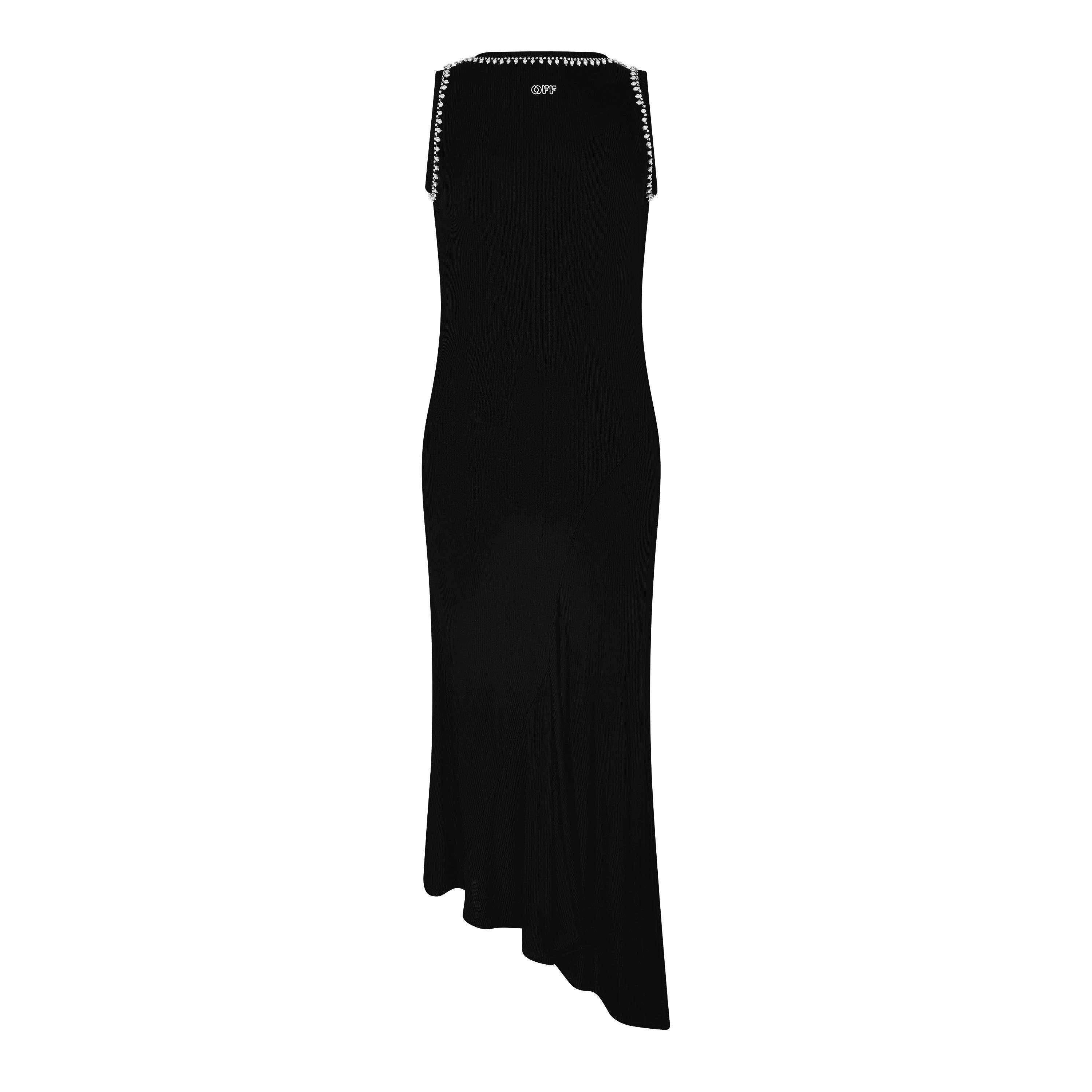 Black - Off White - Women's  Ribbed Long Dress with Embroidered Logo & Embellishments - 5
