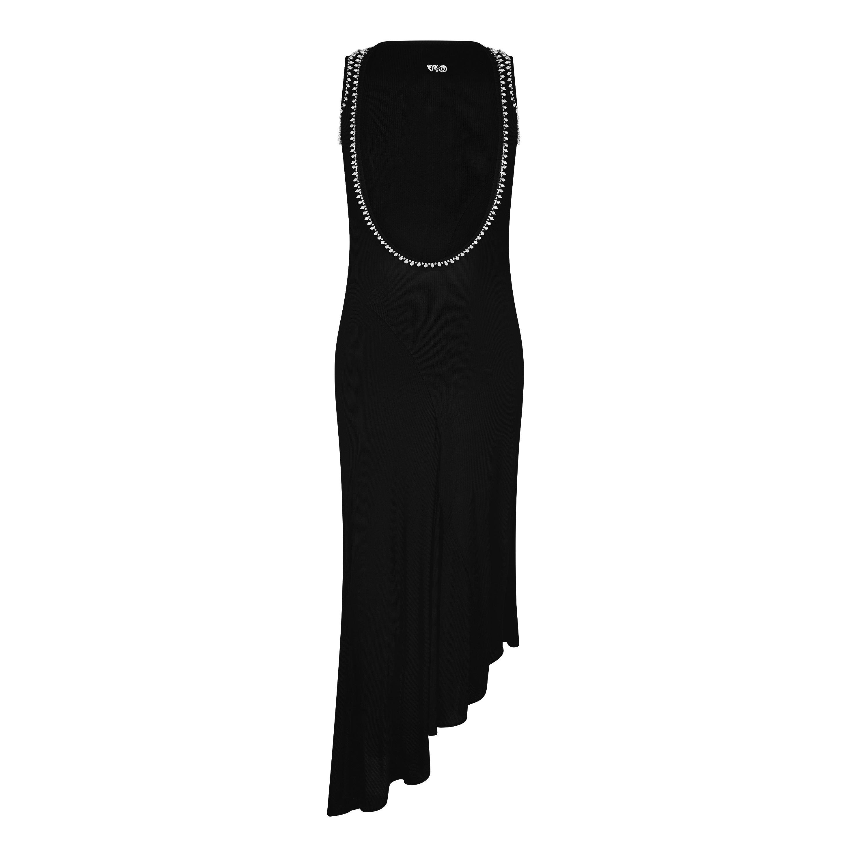 Black - Off White - Women's  Ribbed Long Dress with Embroidered Logo & Embellishments - 6