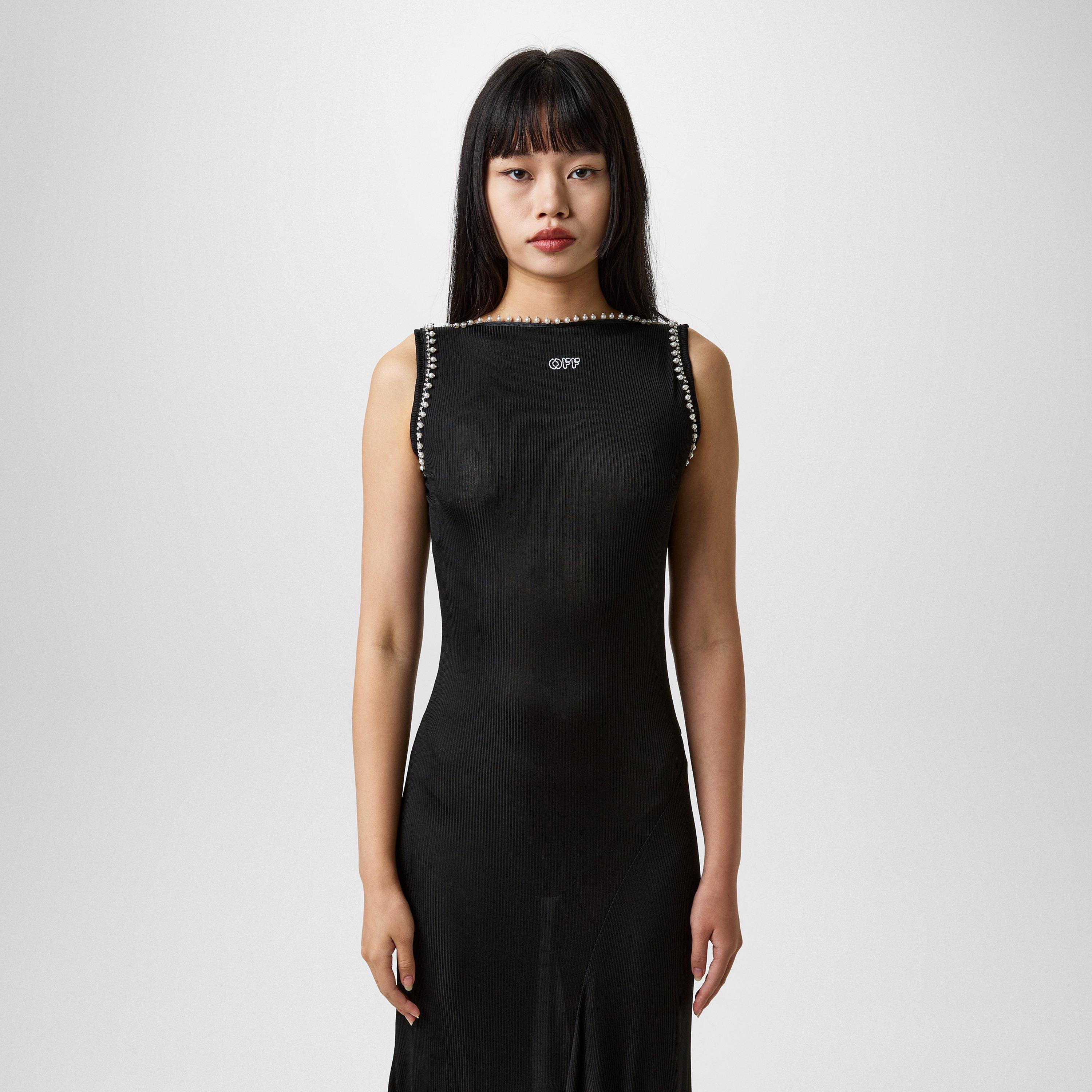 Black - Off White - Women's  Ribbed Long Dress with Embroidered Logo & Embellishments - 4