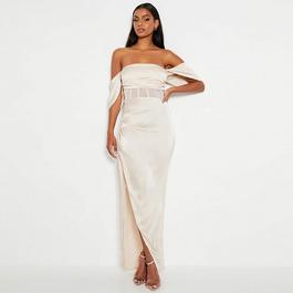 I Saw It First ISAWITFIRST Stretch Satin Asymmetric One Shoulder Mesh Corset Maxi Dress