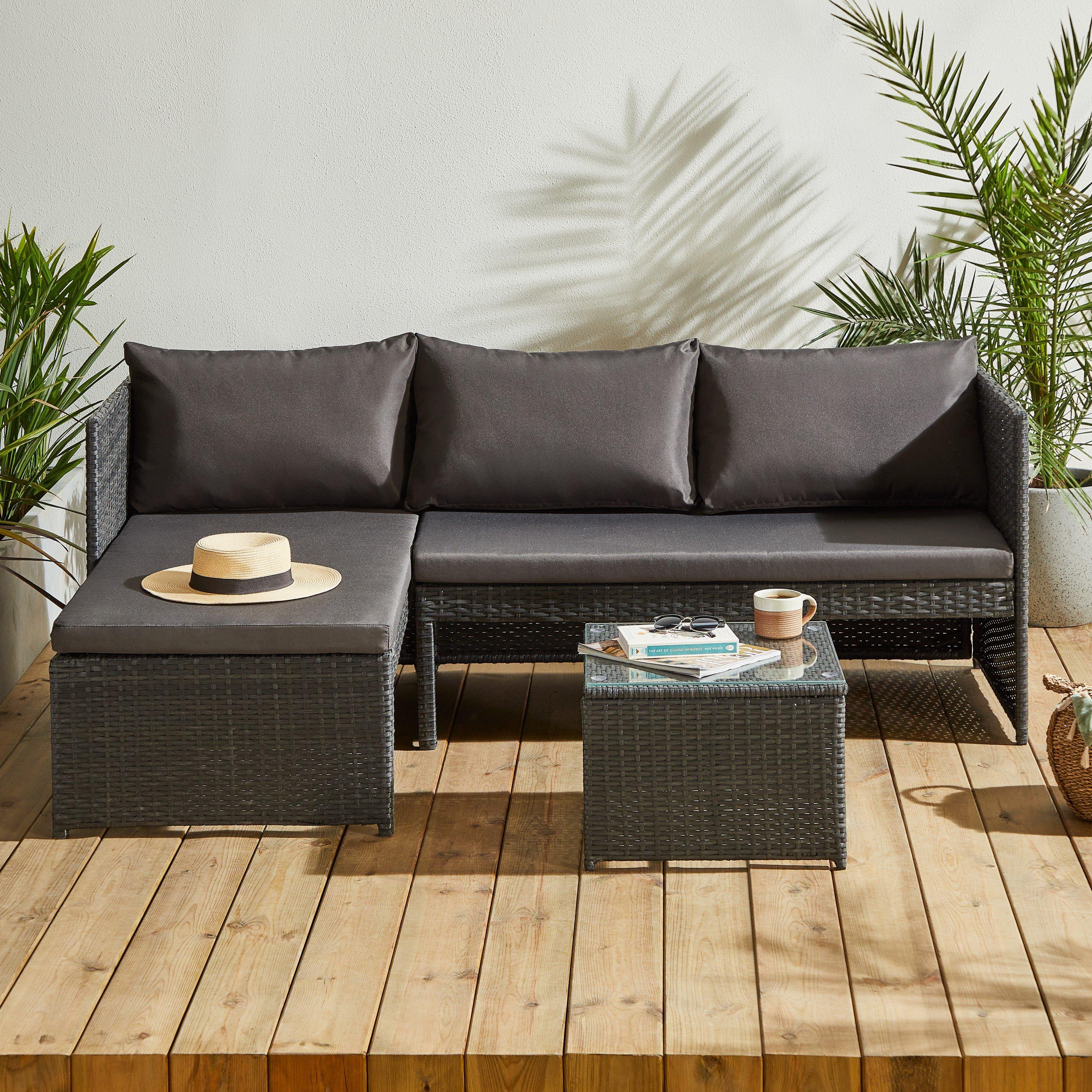 Black/Grey - Studio - Kauai Corner Rattan Chaise Sofa Set - 2