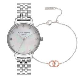 Olivia Burton Midi Classic Pearl Bracelet Watch And Bejewelled Interlink Bracelet Gift Set