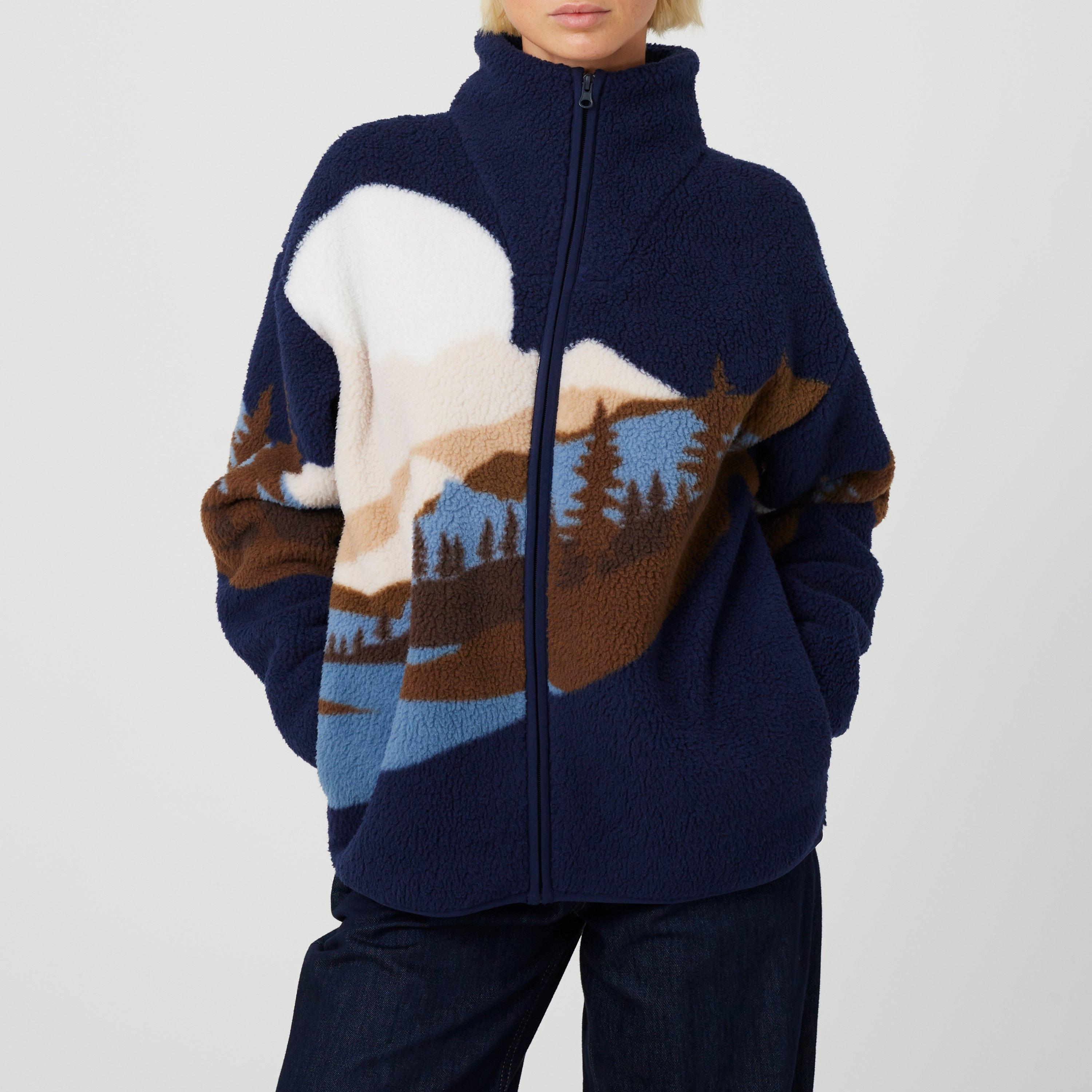 Brave Soul Women's Sherpa Fleece Landscape Print Zip Sweatshirt in Dark Navy | Size: Medium - Image 2