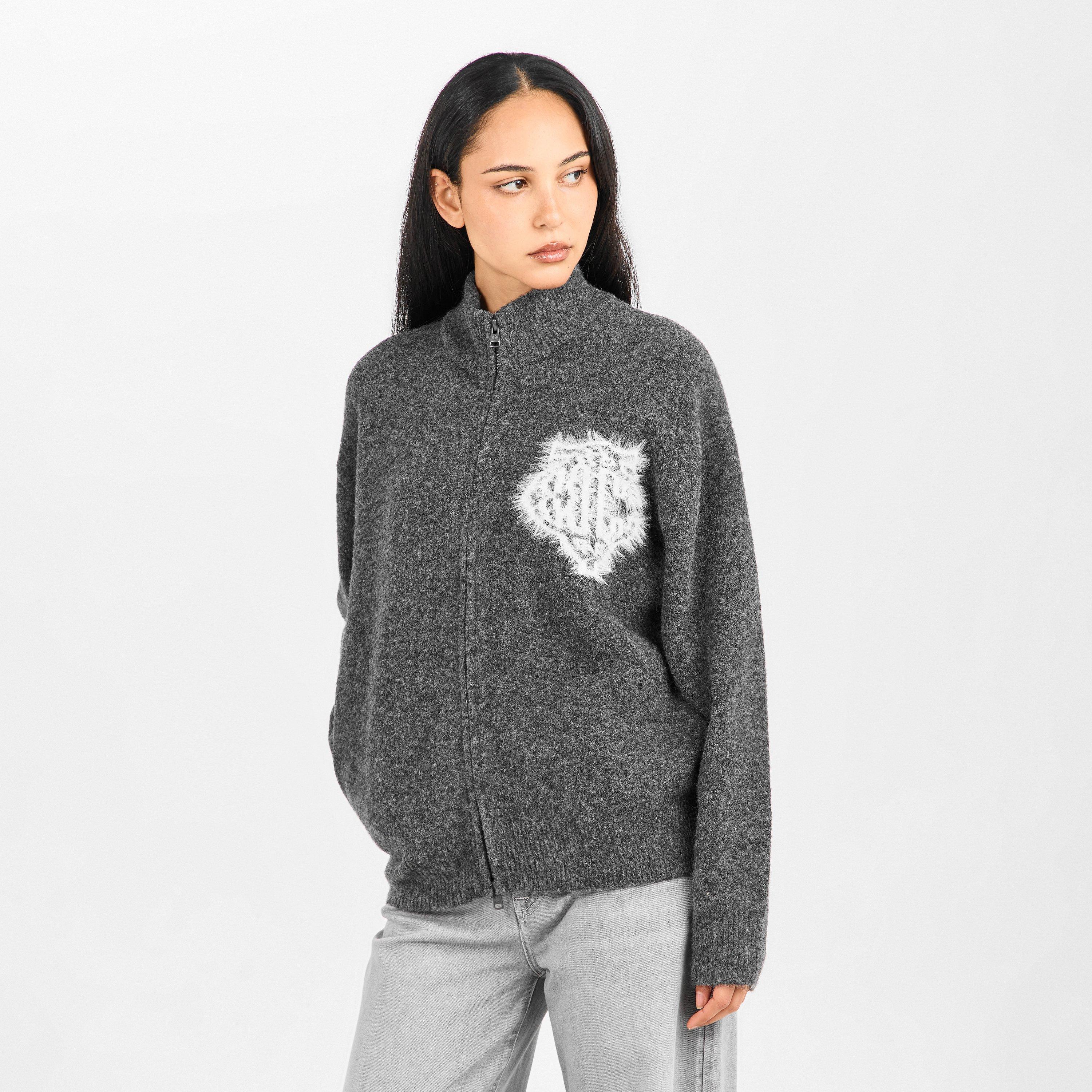 Charcoal - The Couture Club - Womens Fluffy Knit Zip-Through - 3