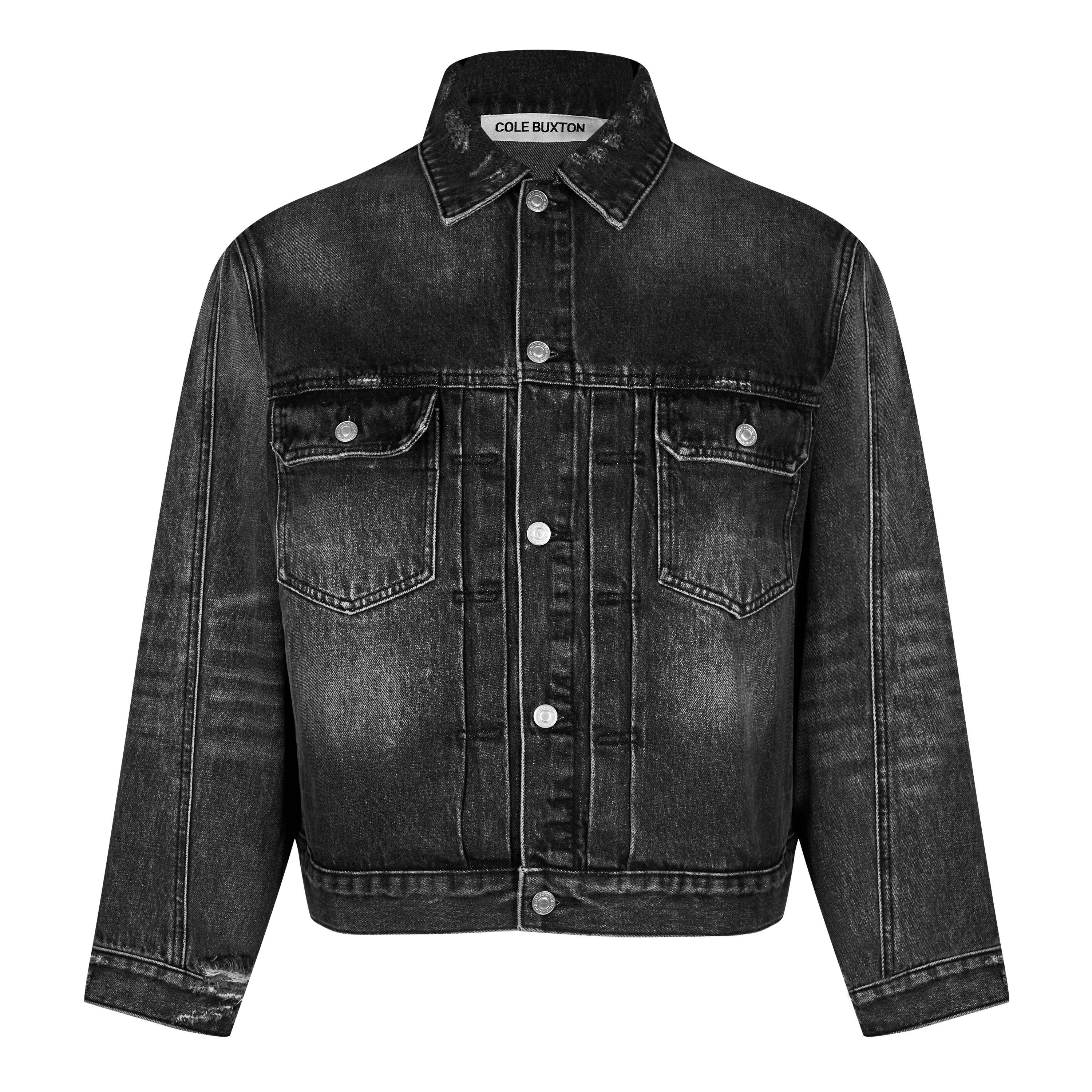 Black - Cole Buxton - Men's Pleated Cropped Long Sleeve Denim Jacket - 5