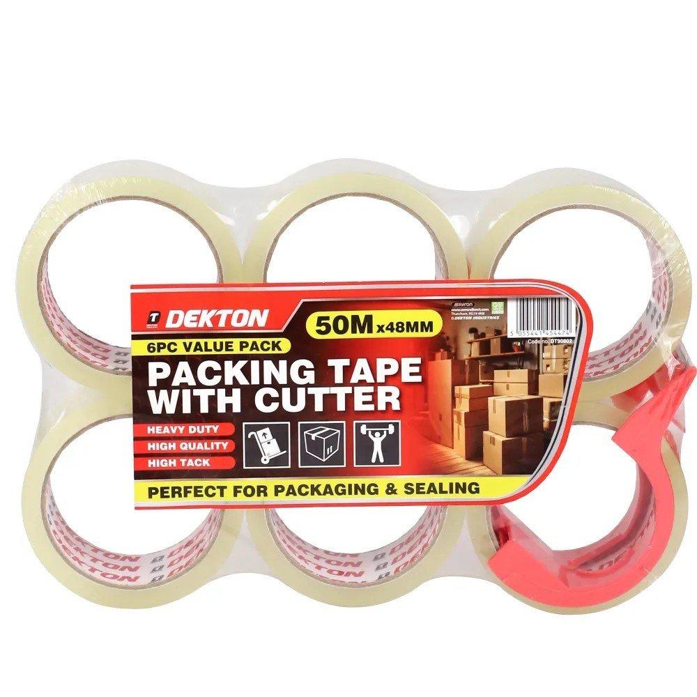 Clear - Dekton - 6 Piece Packing Tape with Cutter 50M x 48MM Sticky