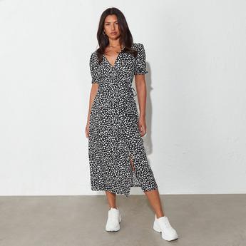 I Saw It First ISAWITFIRST Printed Plunge Wrap Front Tea Midi Dress