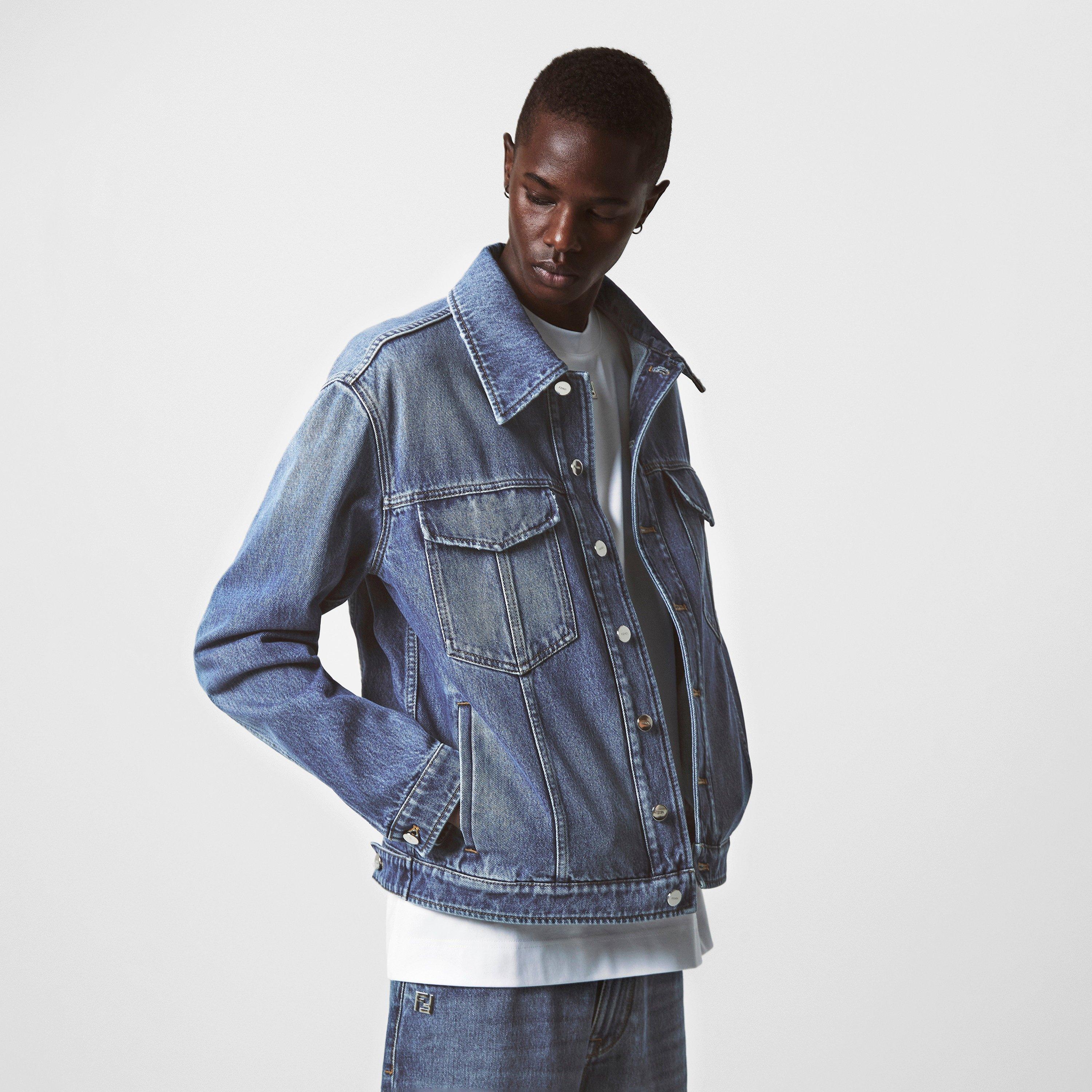 Blue - Fendi - Men's Cotton Long Sleeve 6 Pocket Denim Jacket - 3