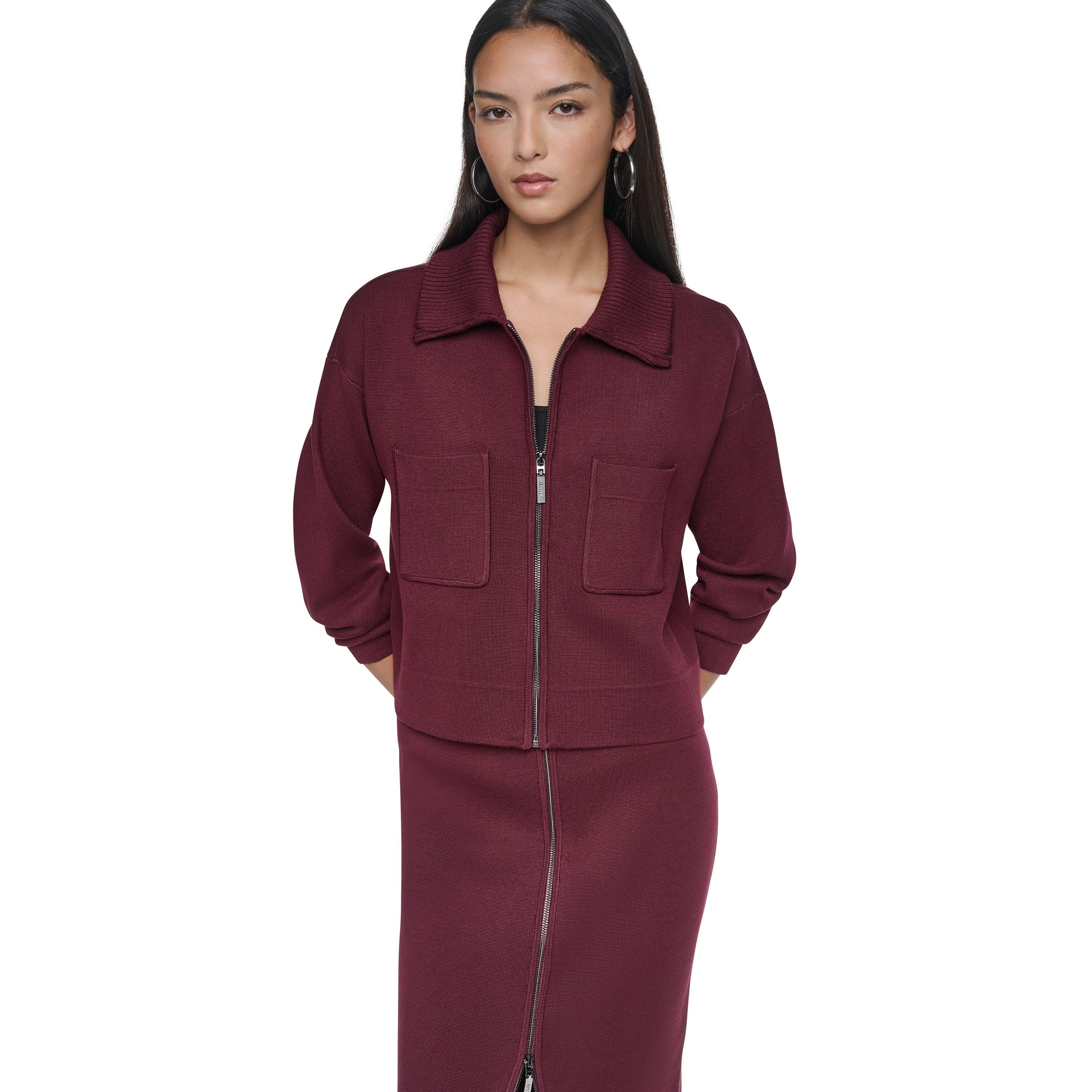 Cabernet - DKNY - Women's DKNY Sportswear Long-Sleeve Full-Zip Knit Jacket - 3