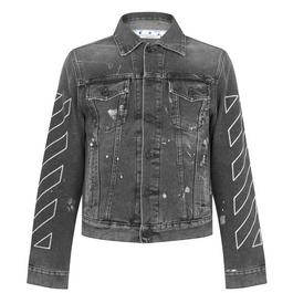 Off White Men's Outline Denim Jacket, Iconic Diagonal and Arrows Motifs, Denim Fabric