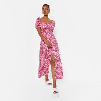I Saw It First ISAWITFIRST Square Neck Polka Dot Woven Short Puff Sleeve Dress