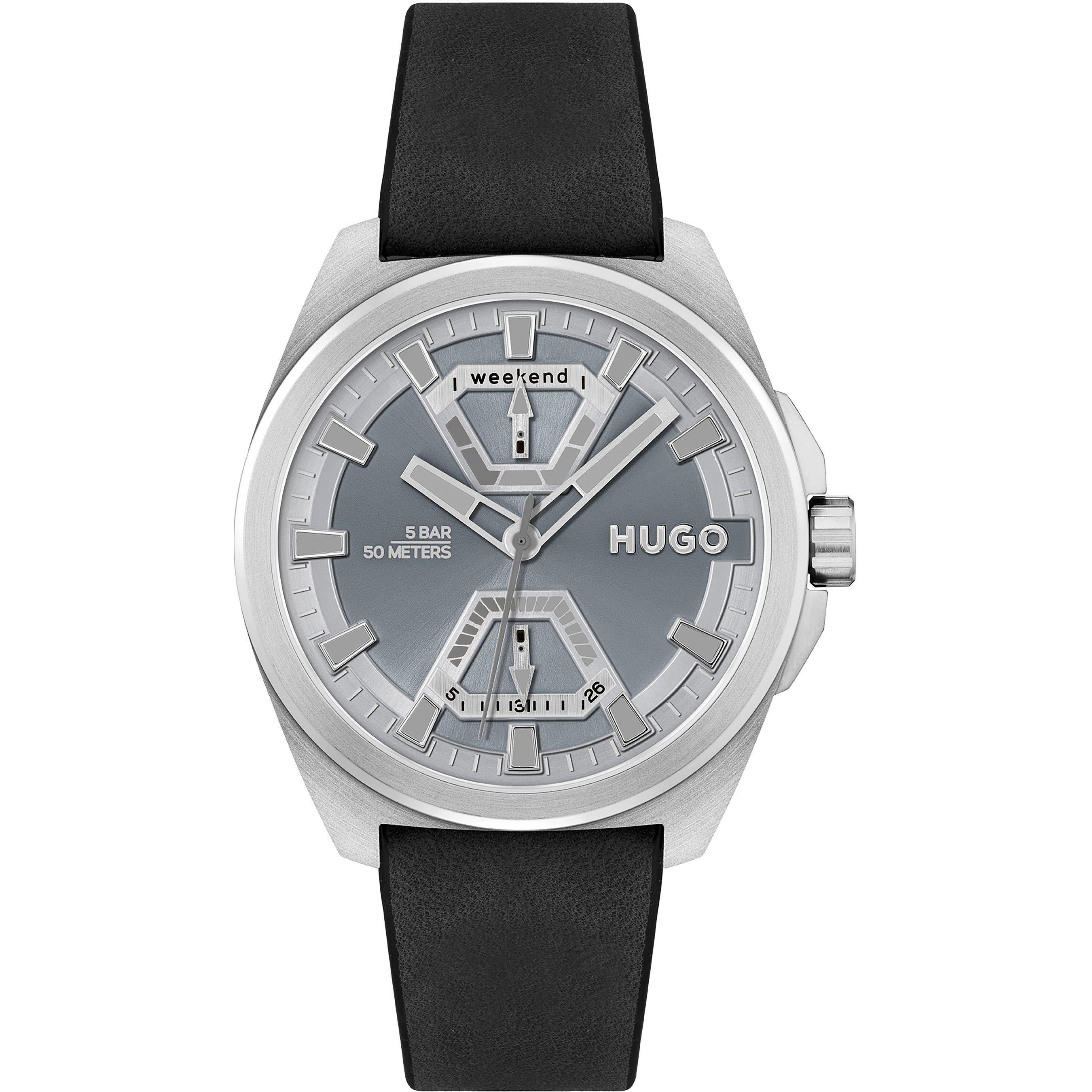 Grey/Black - Hugo - Gents HUGO EXPOSE Black Leather Strap Watch - 1
