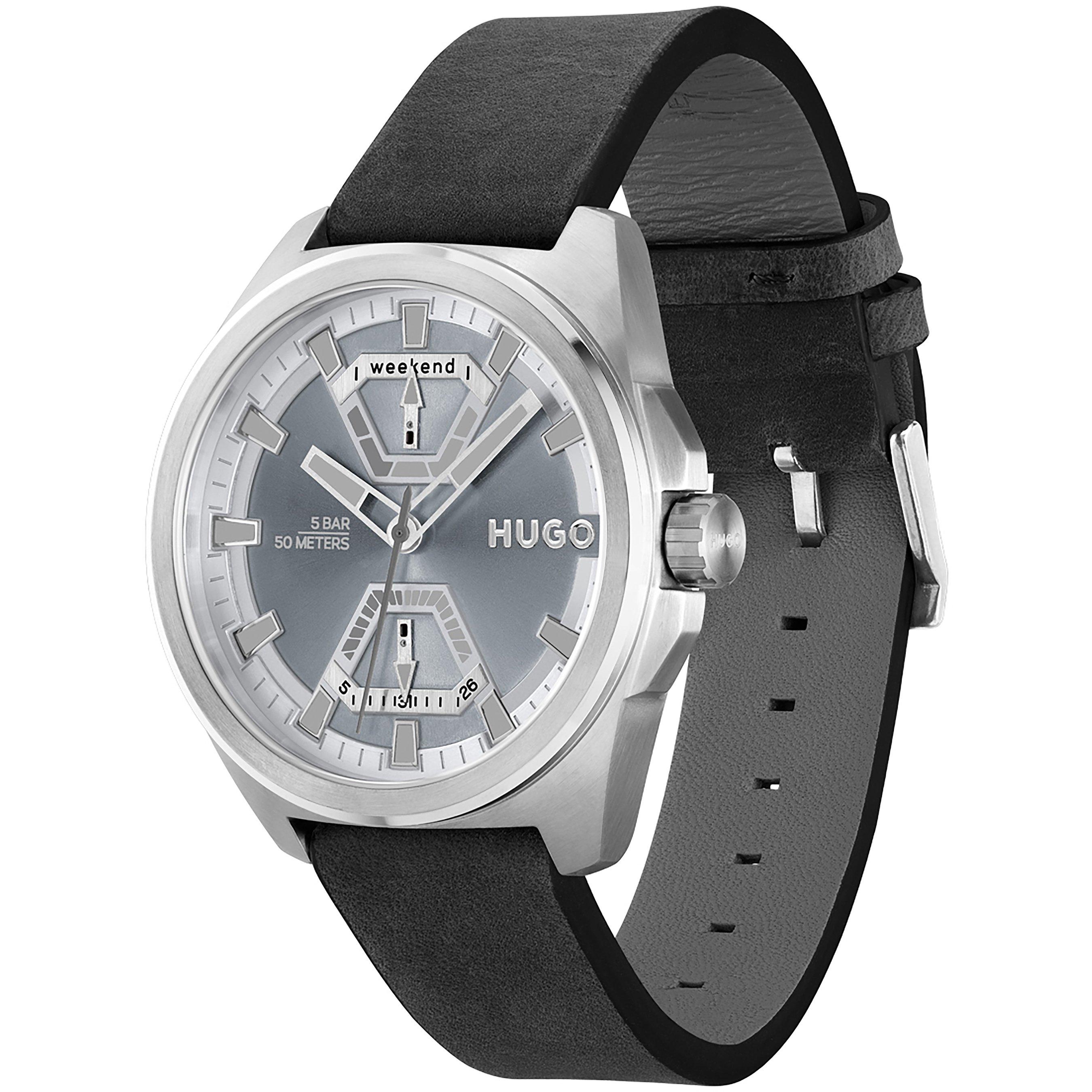 Grey/Black - Hugo - Gents HUGO EXPOSE Black Leather Strap Watch - 2