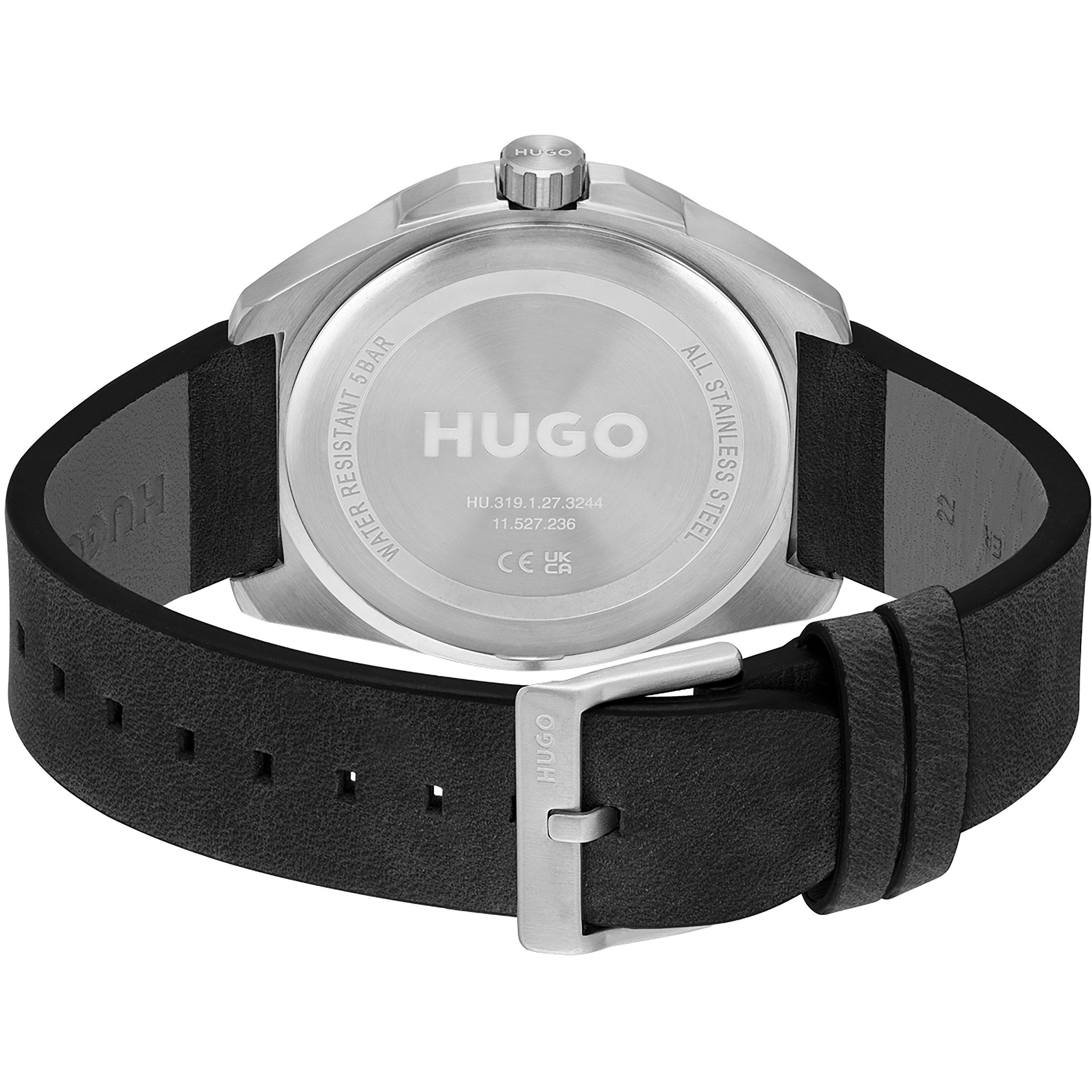 Grey/Black - Hugo - Gents HUGO EXPOSE Black Leather Strap Watch - 3