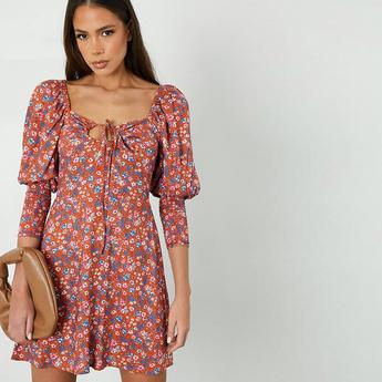 I Saw It First ISAWITFIRST Woven Floral Shirred Puff Sleeve Skater Dress