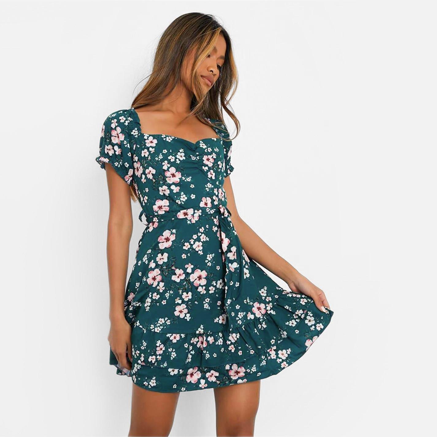 Grün - I Saw It First - ISAWITFIRST Woven Floral Frill Sleeve Frill Hem Dress - 1