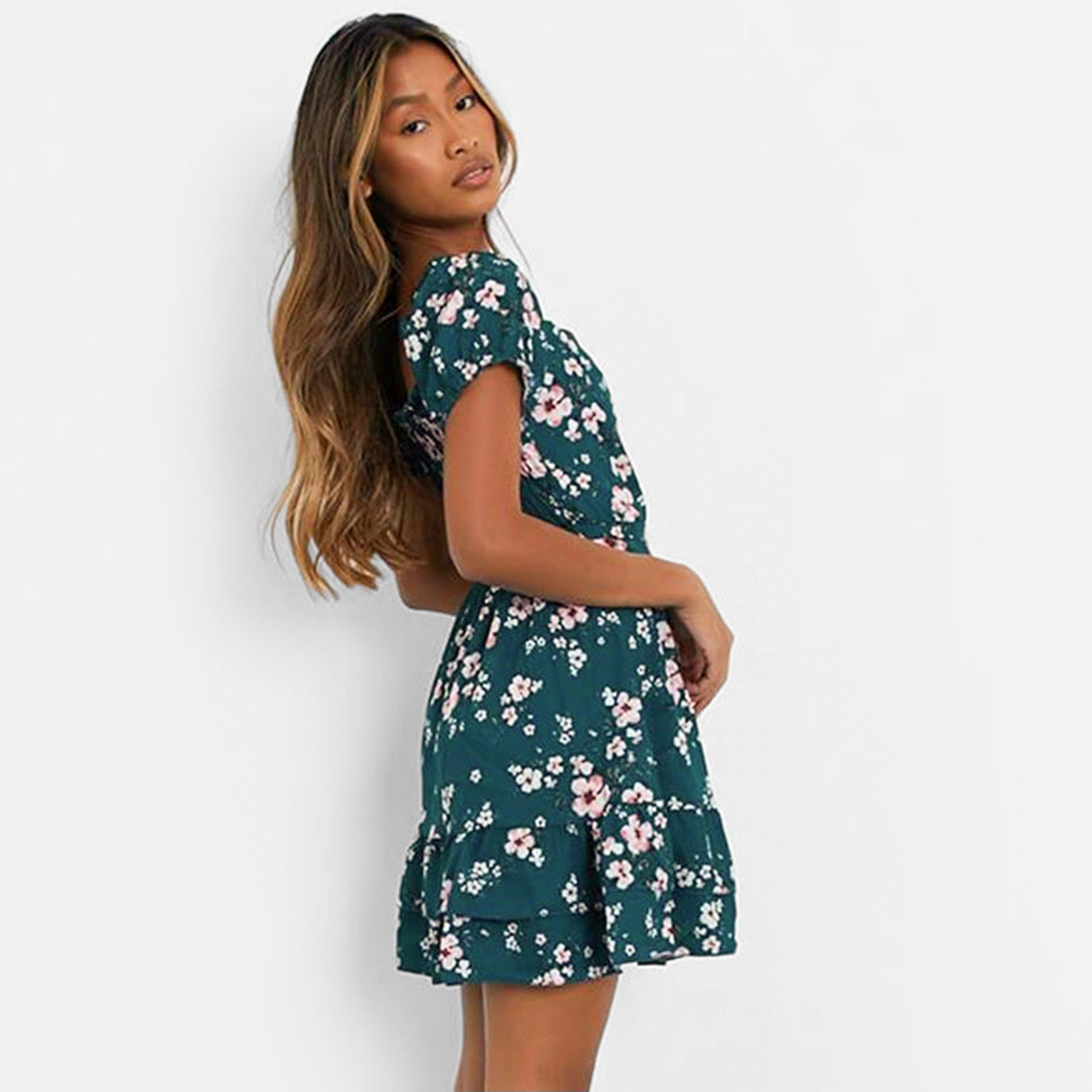 Grün - I Saw It First - ISAWITFIRST Woven Floral Frill Sleeve Frill Hem Dress - 2
