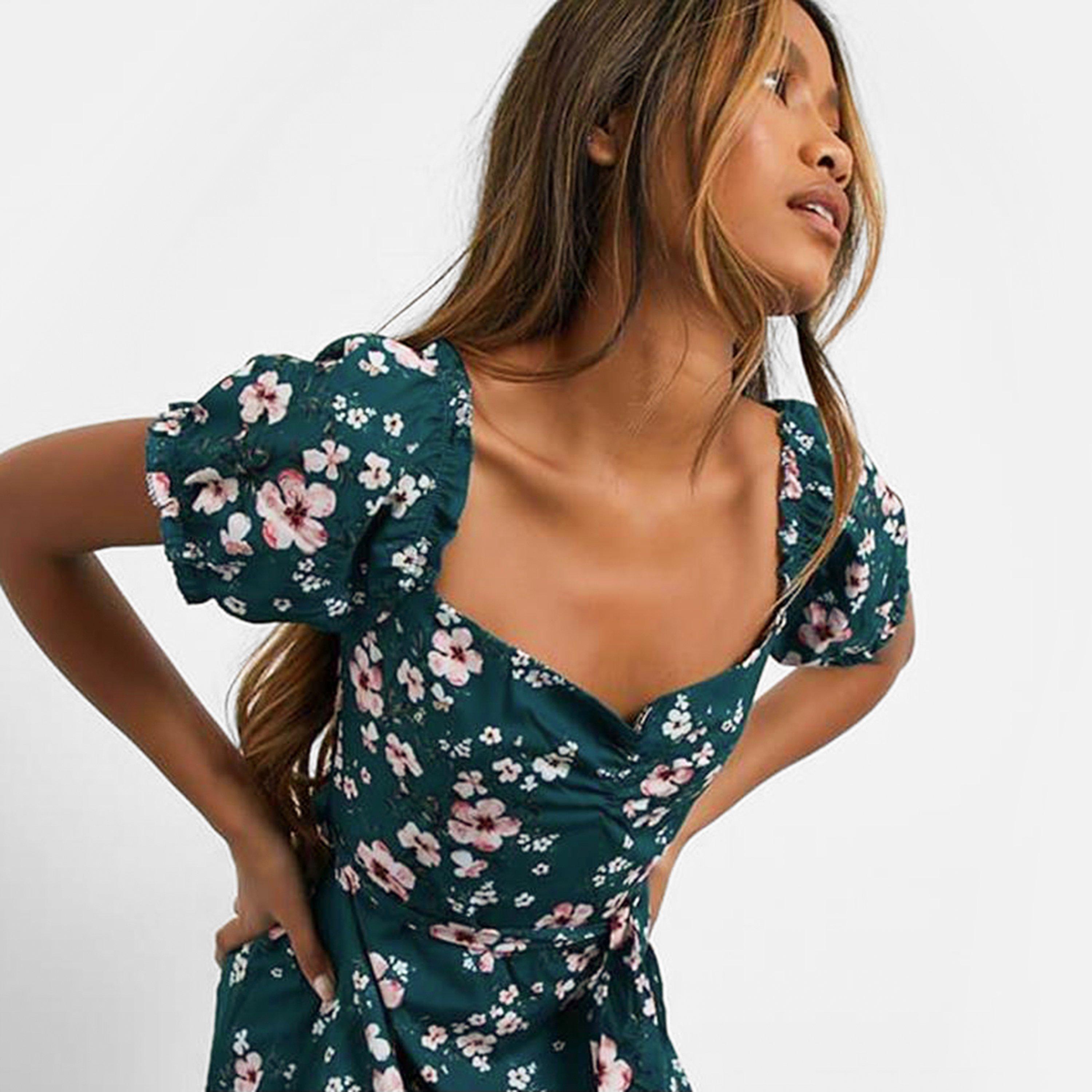 Grün - I Saw It First - ISAWITFIRST Woven Floral Frill Sleeve Frill Hem Dress - 5