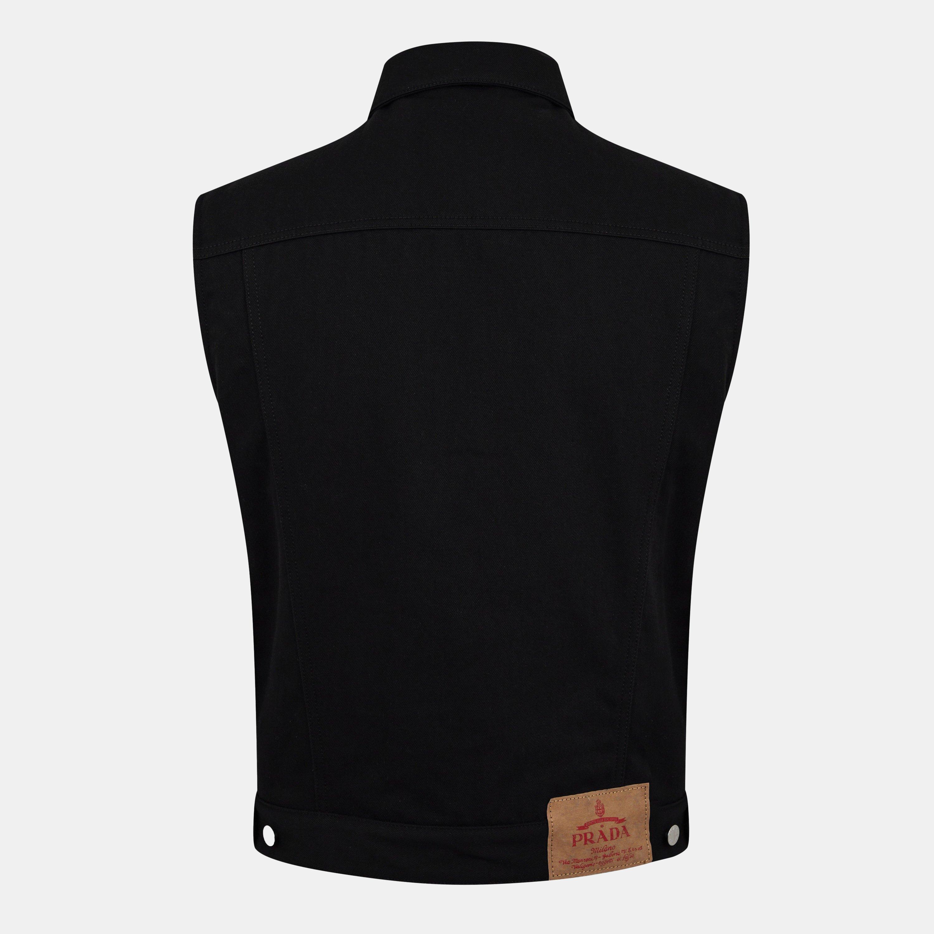 Black - Prada - Men's Bull Cotton Sleeveless Shirt Collar Denim Jacket - 2