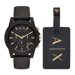 Armani Exchange Chronograph Black Silicone Watch and Luggage Tag Gift Set AX7105