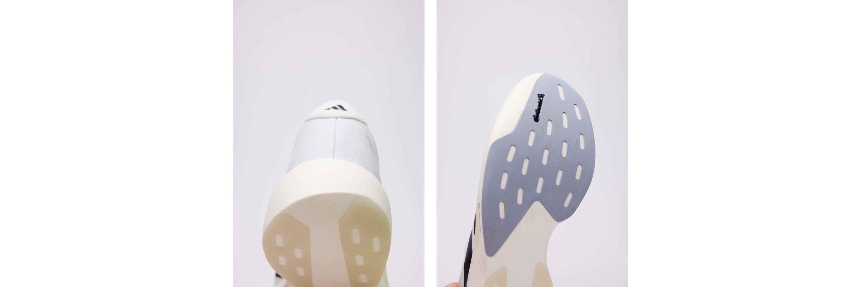 A split image of the adidas Adizero EVO SL running shoe's heel and outsole