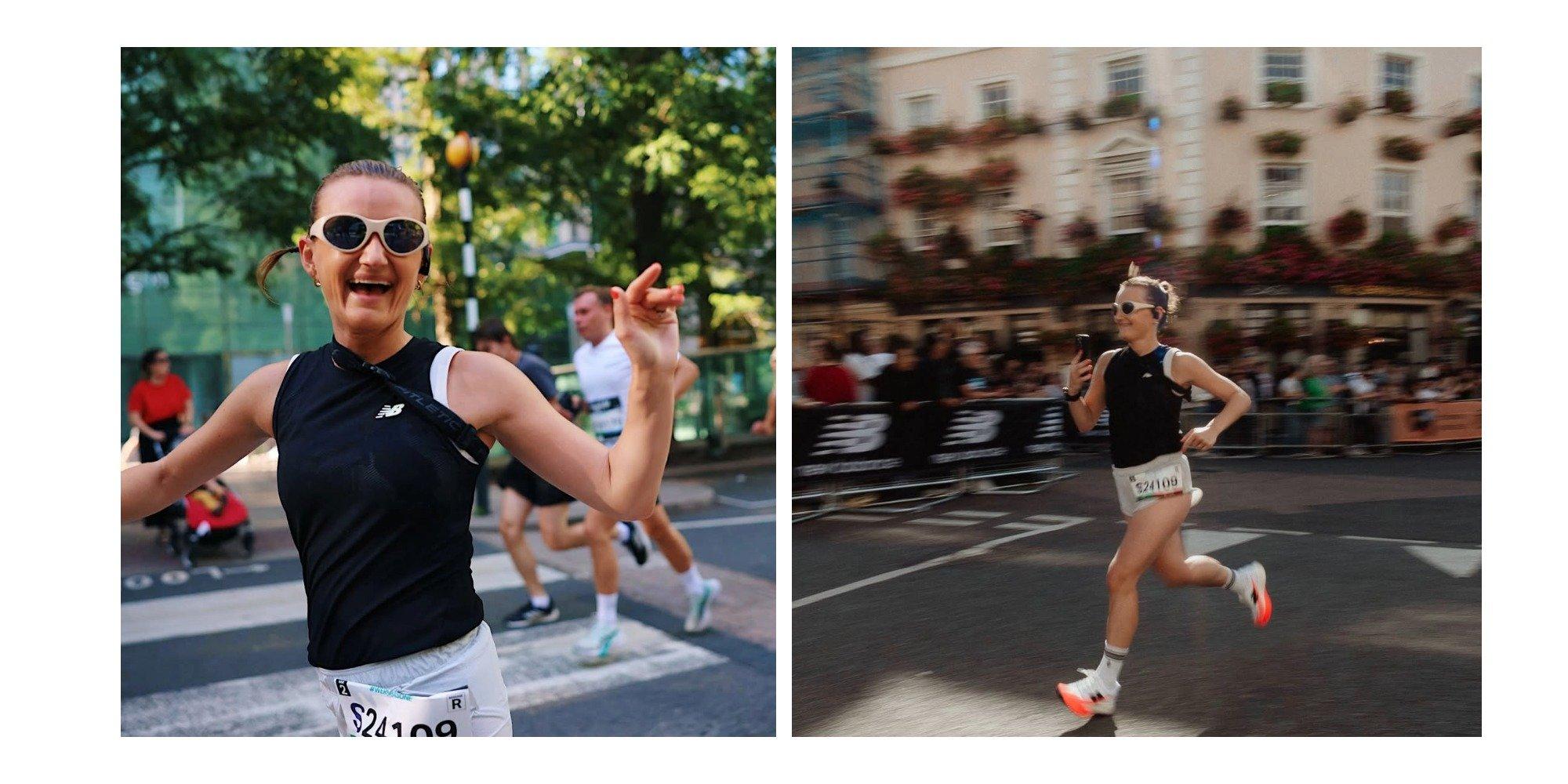 Split image showing two photos of Ally running in a race