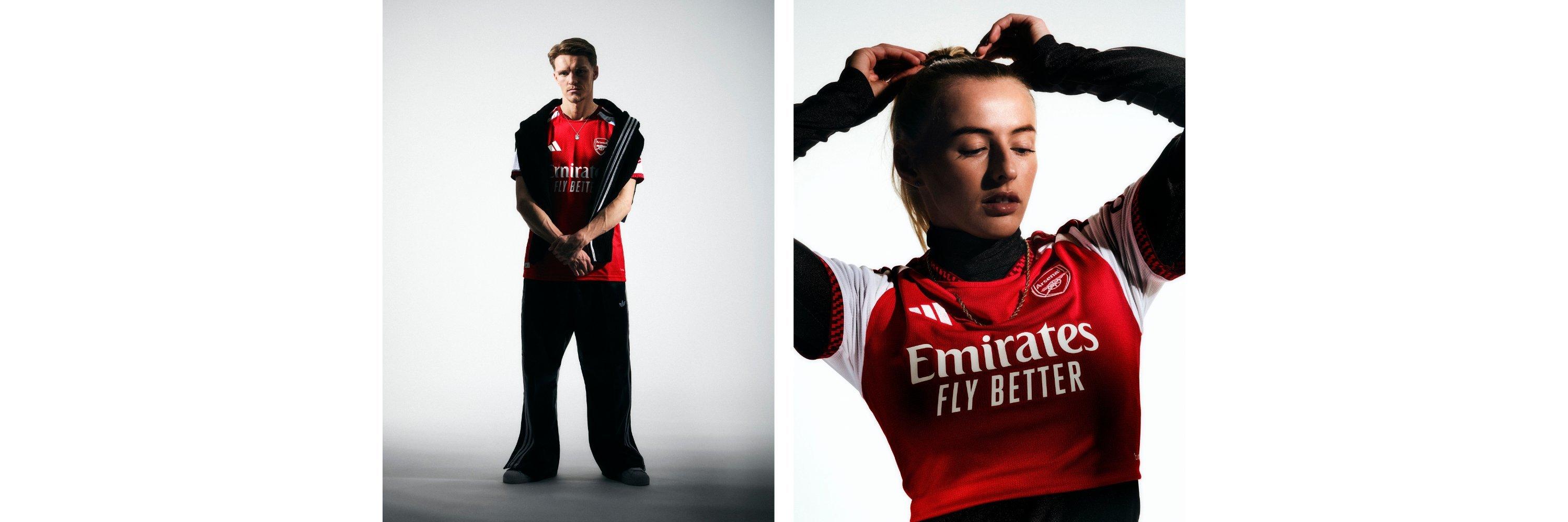 Two arsenal players wearing the new 2026 / 2027 arsenal home kit