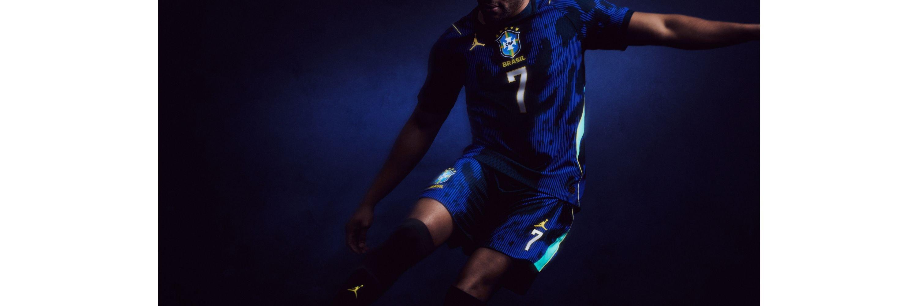 An action shot of someone kicking a ball in the new Brazil kit for the 2026 World Cup 