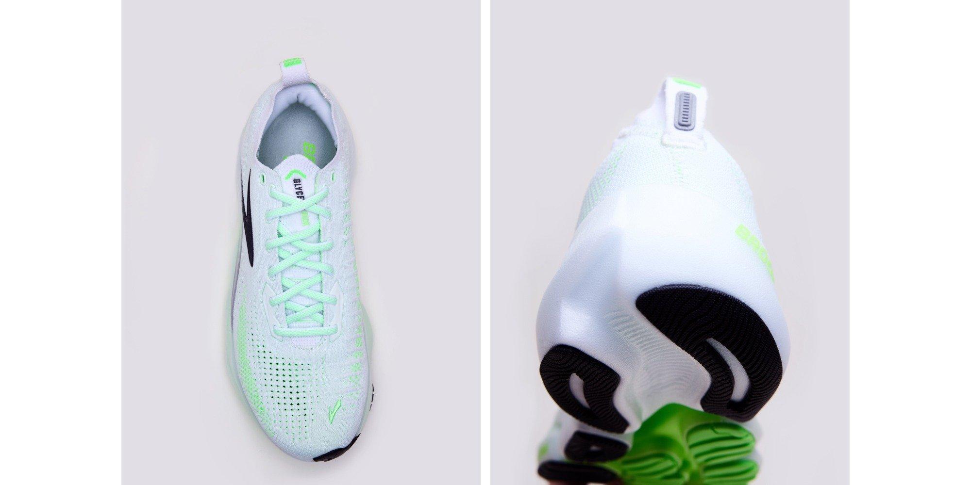 Two images of the Brooks Glycerin Flex, an above shot and one of the heel