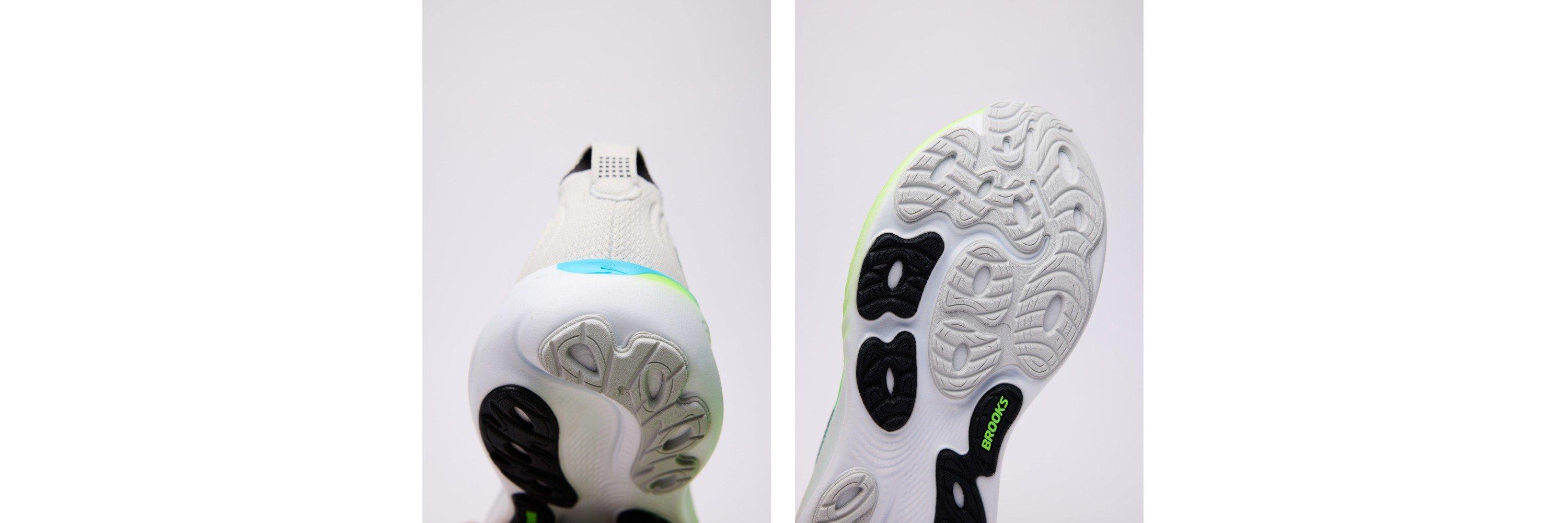 A split image of the Brooks Adrenaline GTS 25 heel and outsole
