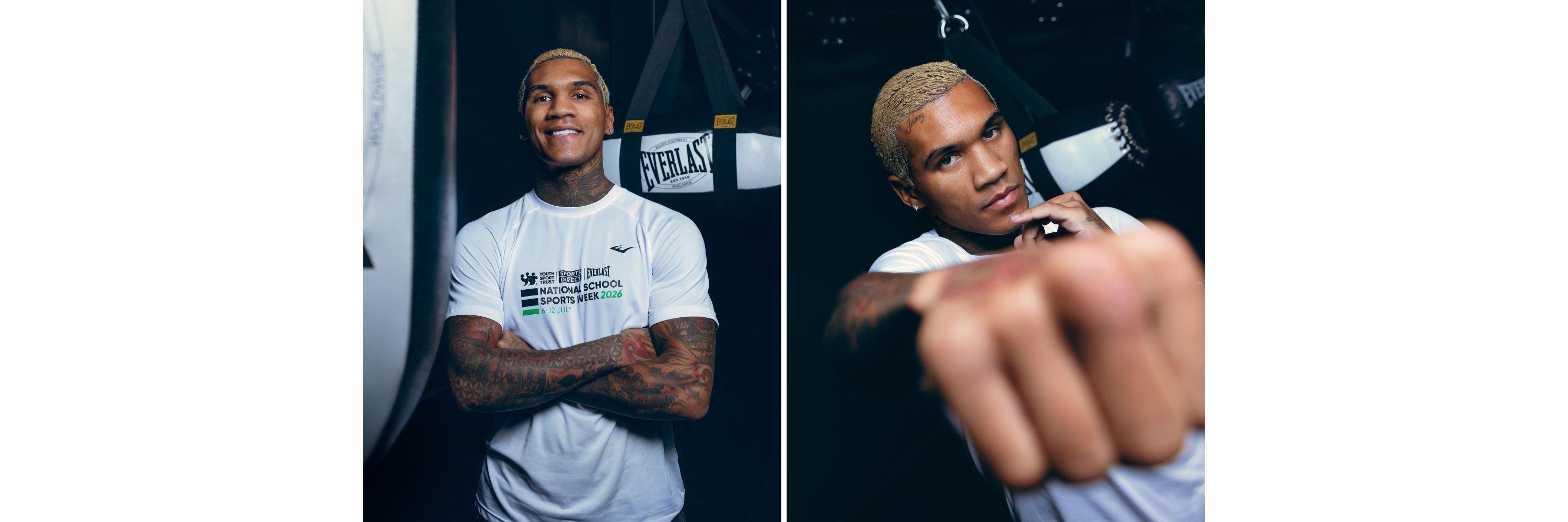 A split image of Conor Benn with his arms folded and then an image of him throwing a punch