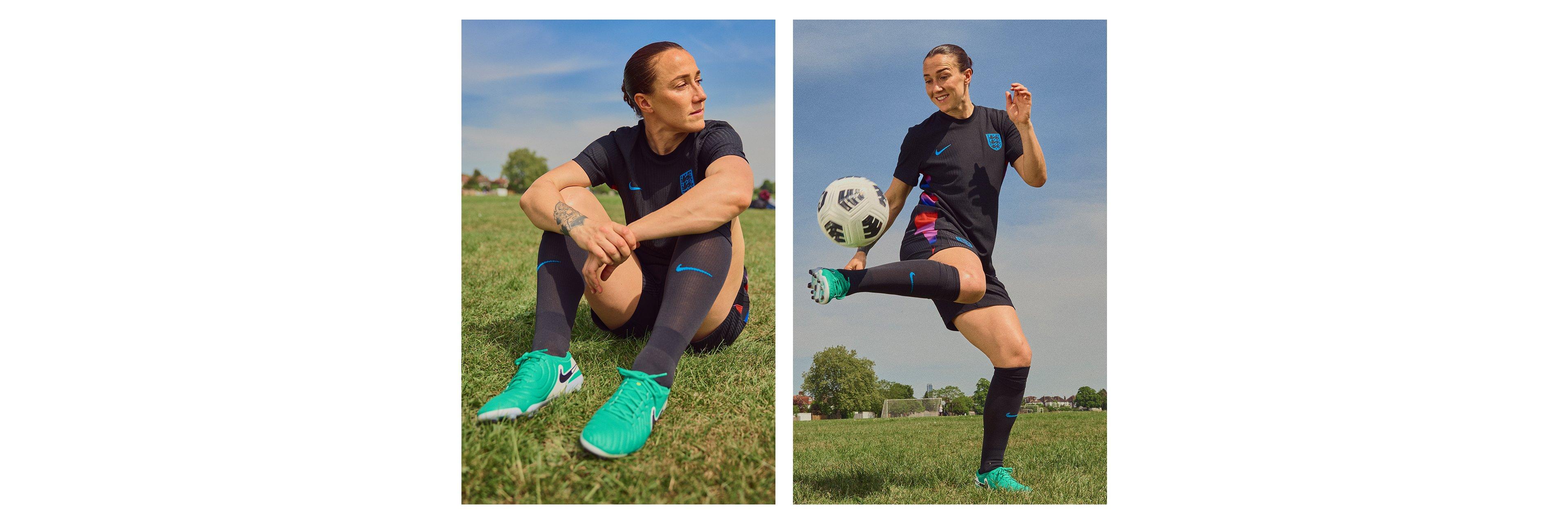 Two images of Lucy Bronze playing football